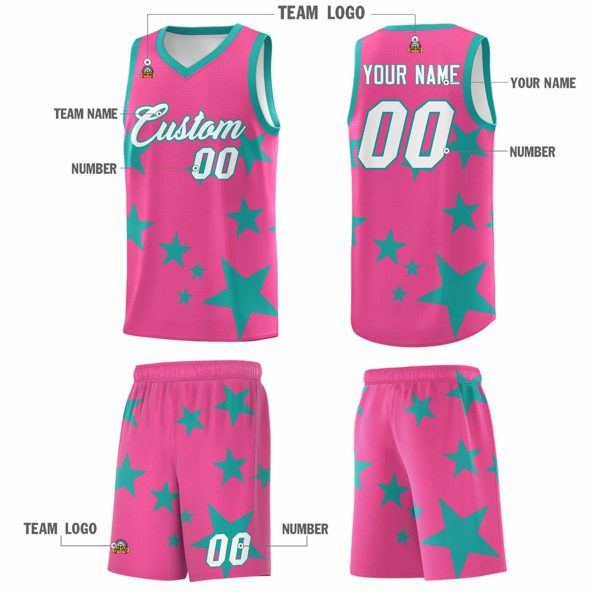 Custom Pink Aqua Graffiti Pattern Star Print Basketball Kits Sets