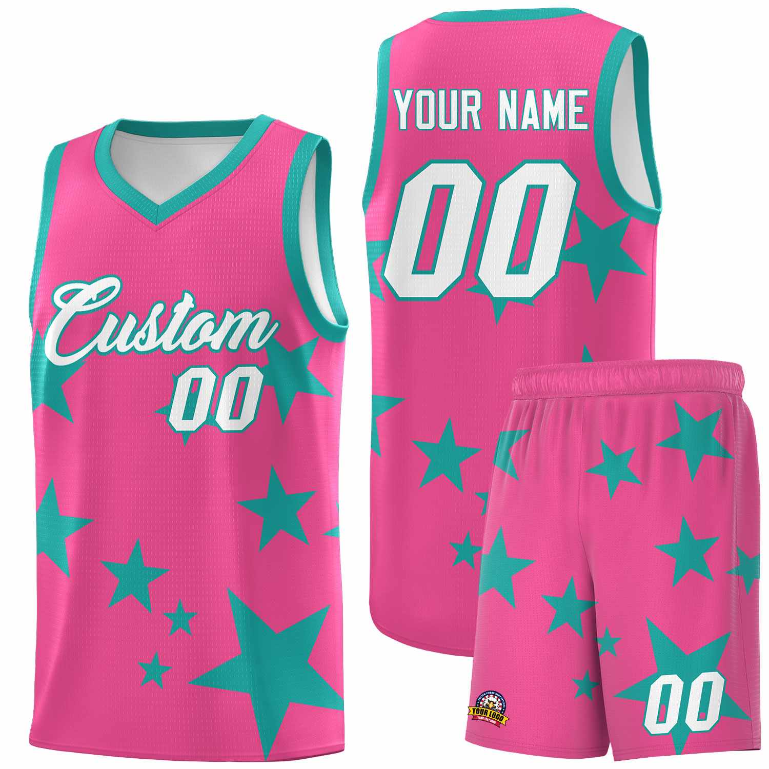 Custom Pink Aqua Graffiti Pattern Star Print Basketball Kits Sets