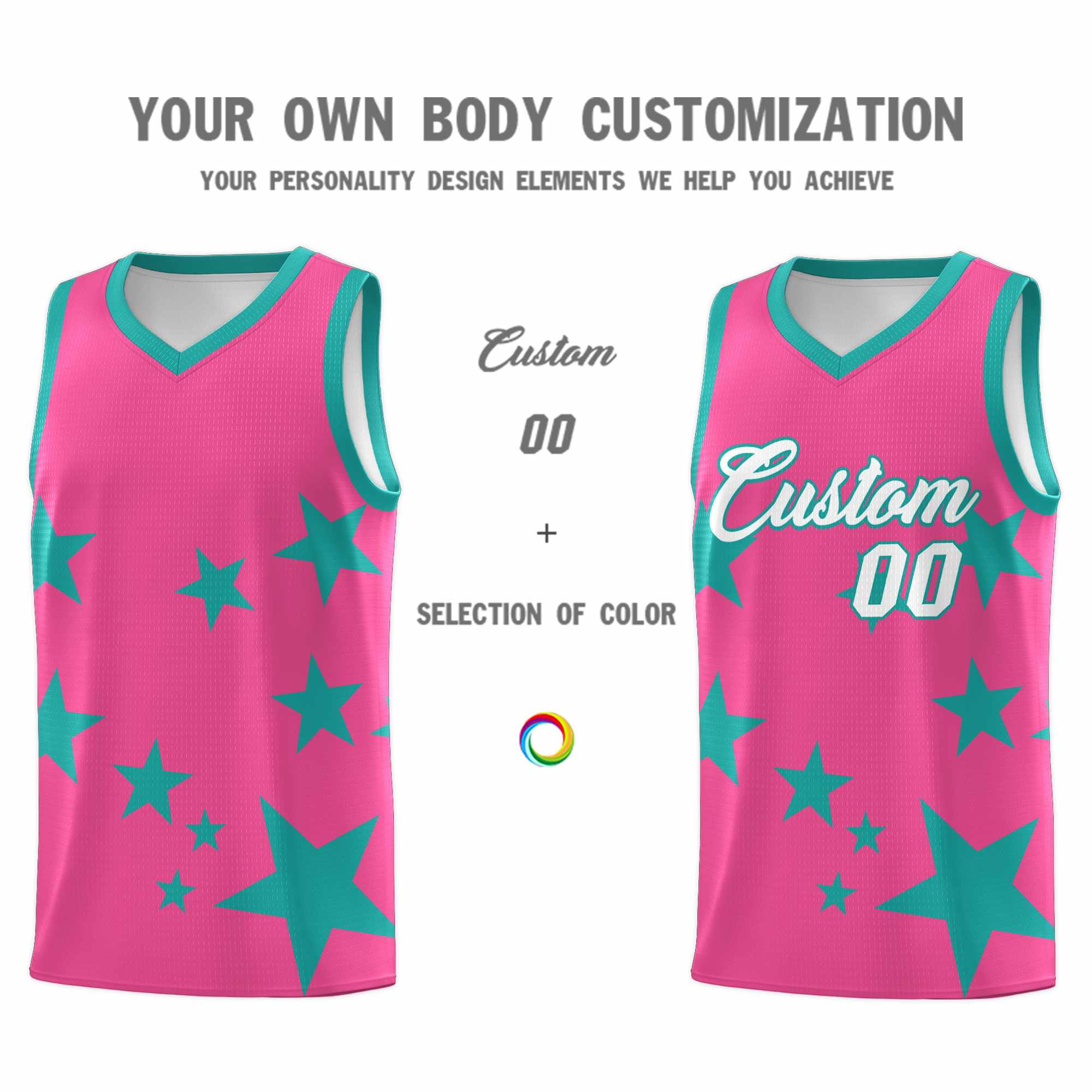 Custom Pink Aqua Graffiti Pattern Star Print Basketball Kits Sets