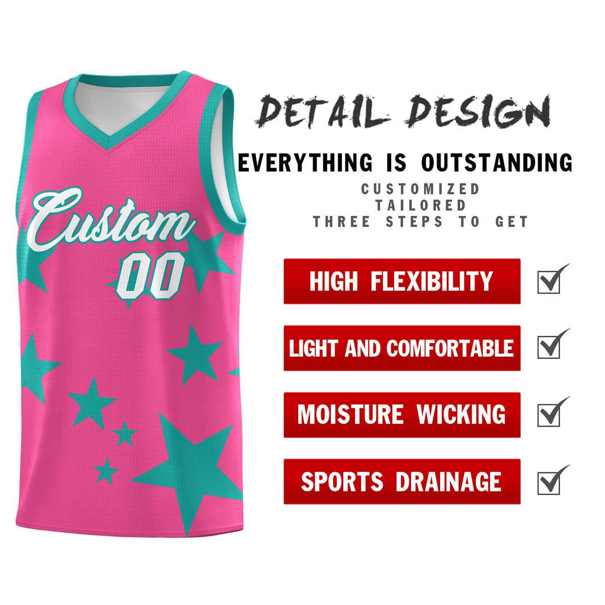 Custom Pink Aqua Graffiti Pattern Star Print Basketball Kits Sets