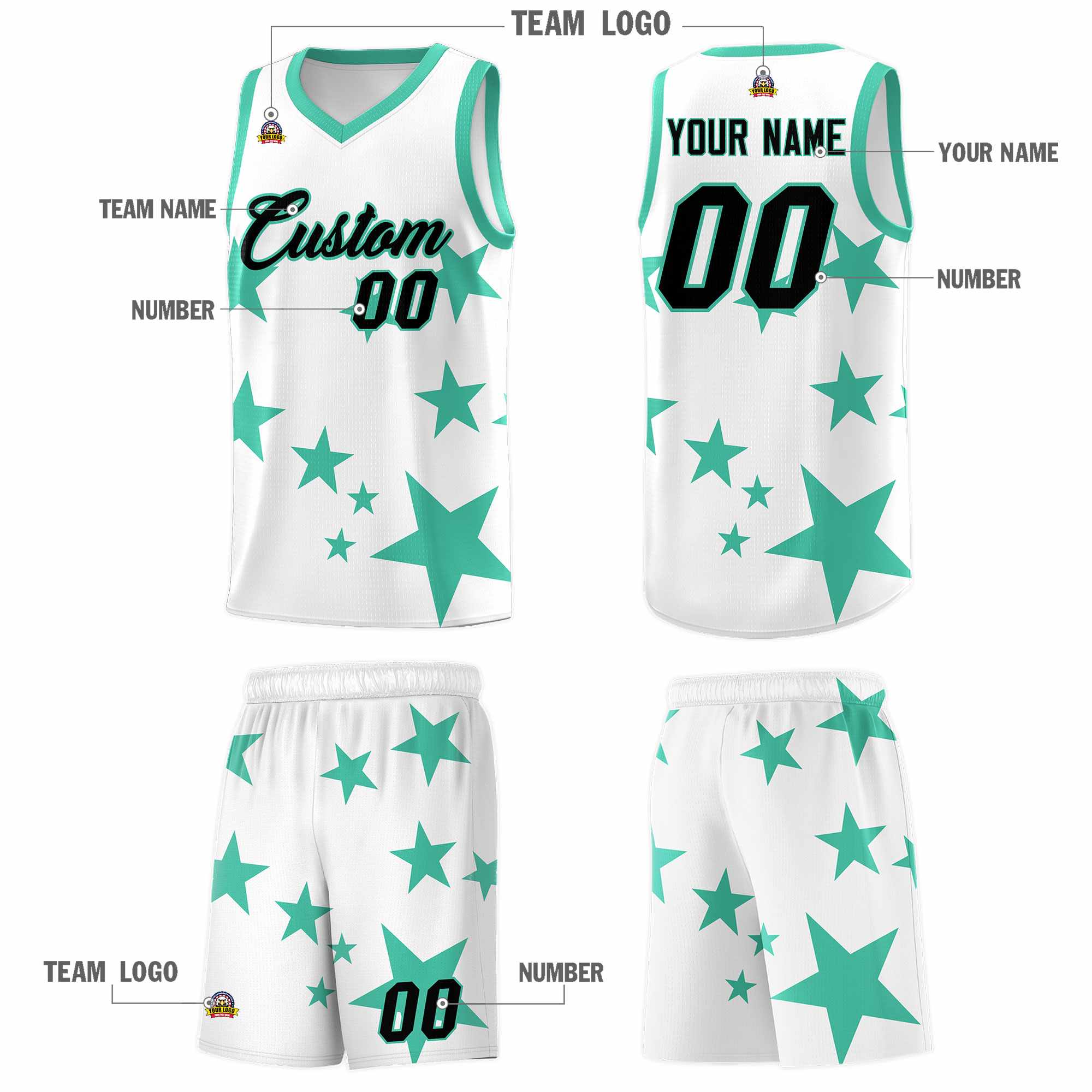 Custom White Bright Green Graffiti Pattern Star Print Basketball Kits Sets