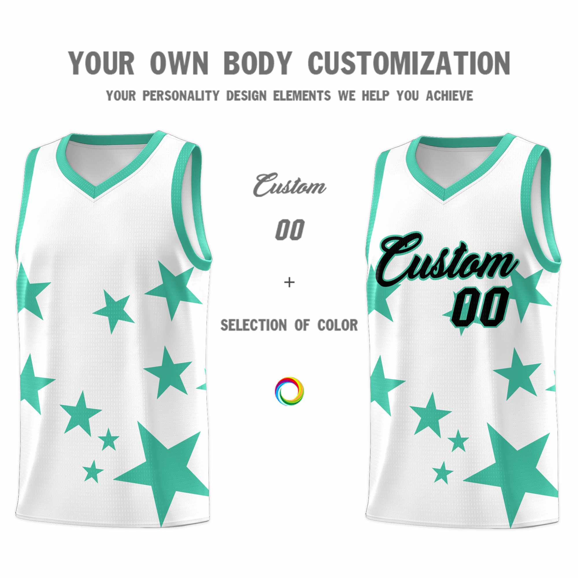 Custom White Bright Green Graffiti Pattern Star Print Basketball Kits Sets