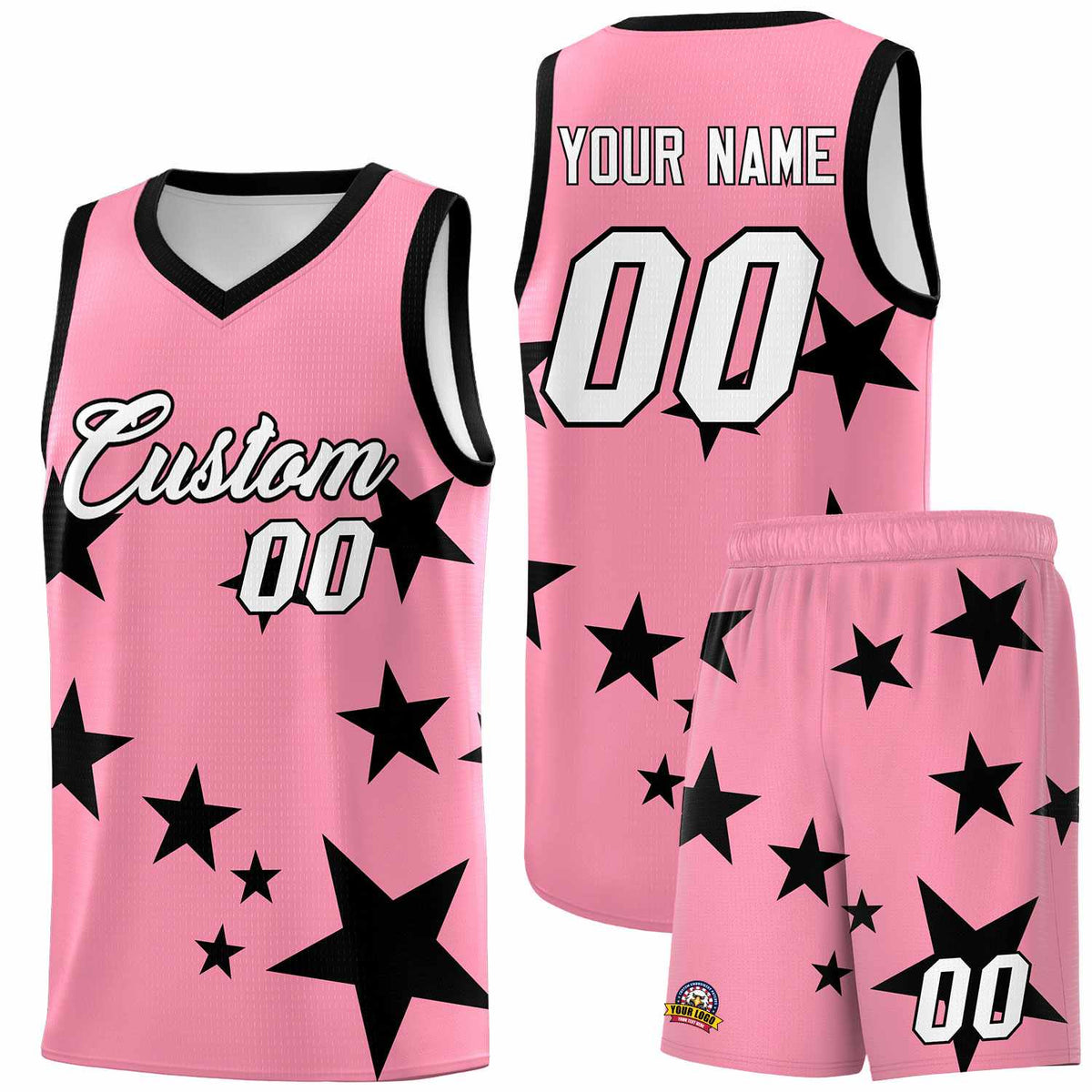 Custom Light Pink Black Graffiti Pattern Star Print Basketball Kits Sets