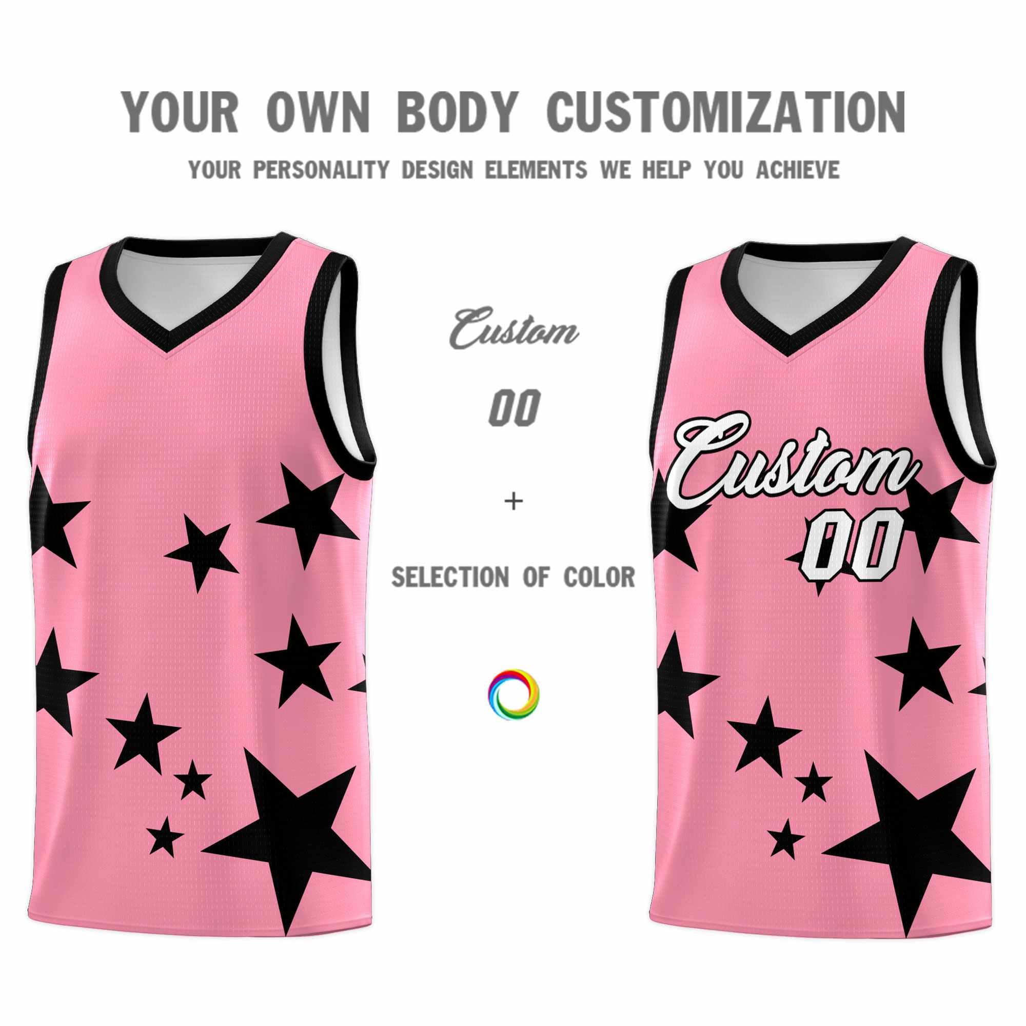 Custom Light Pink Black Graffiti Pattern Star Print Basketball Kits Sets