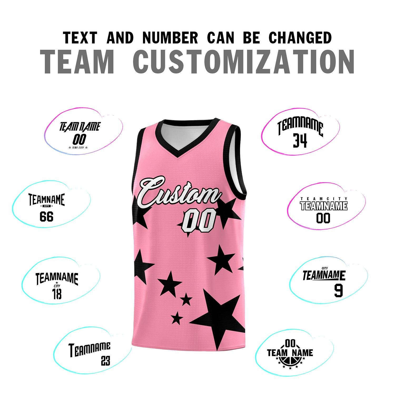 Custom Light Pink Black Graffiti Pattern Star Print Basketball Kits Sets