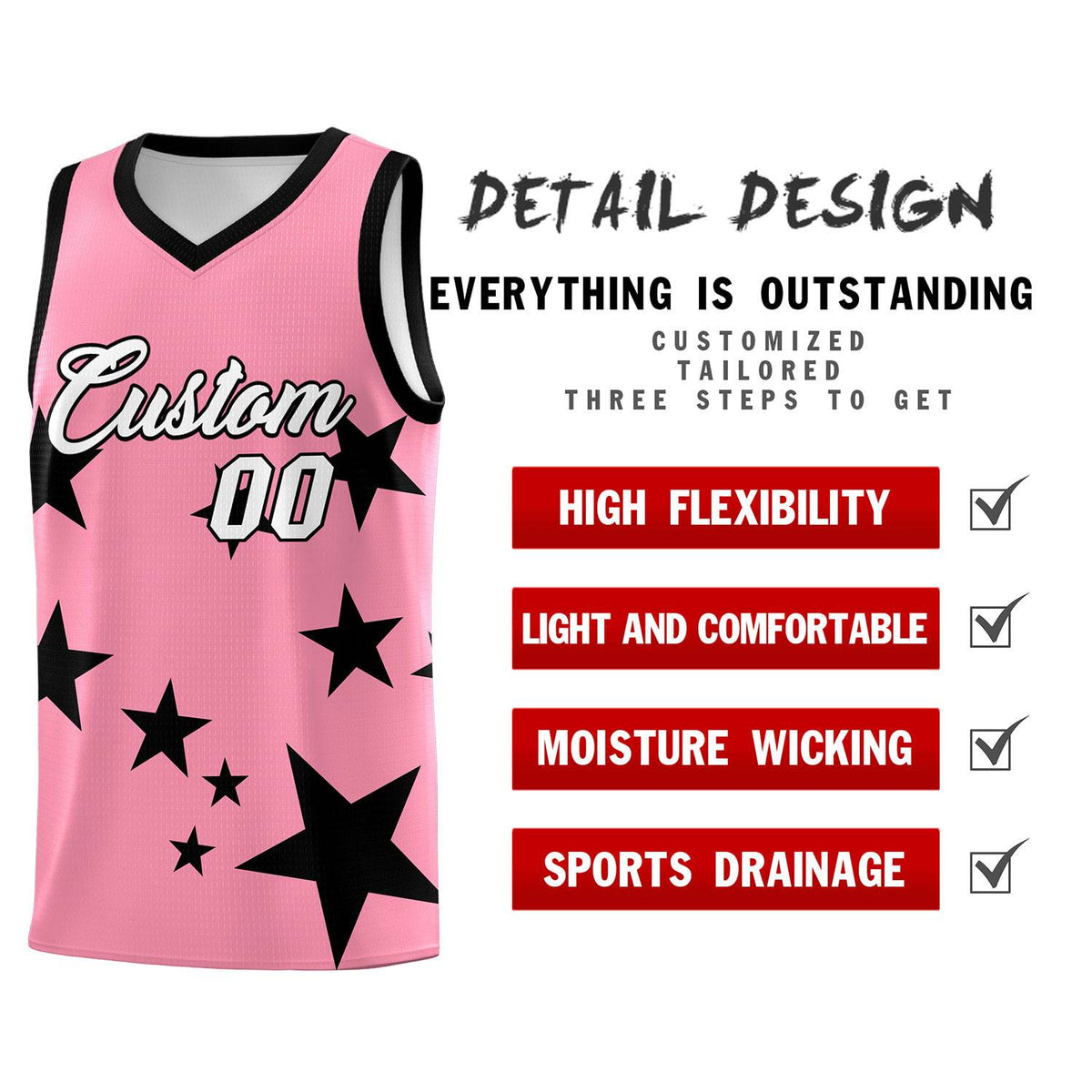 Custom Light Pink Black Graffiti Pattern Star Print Basketball Kits Sets