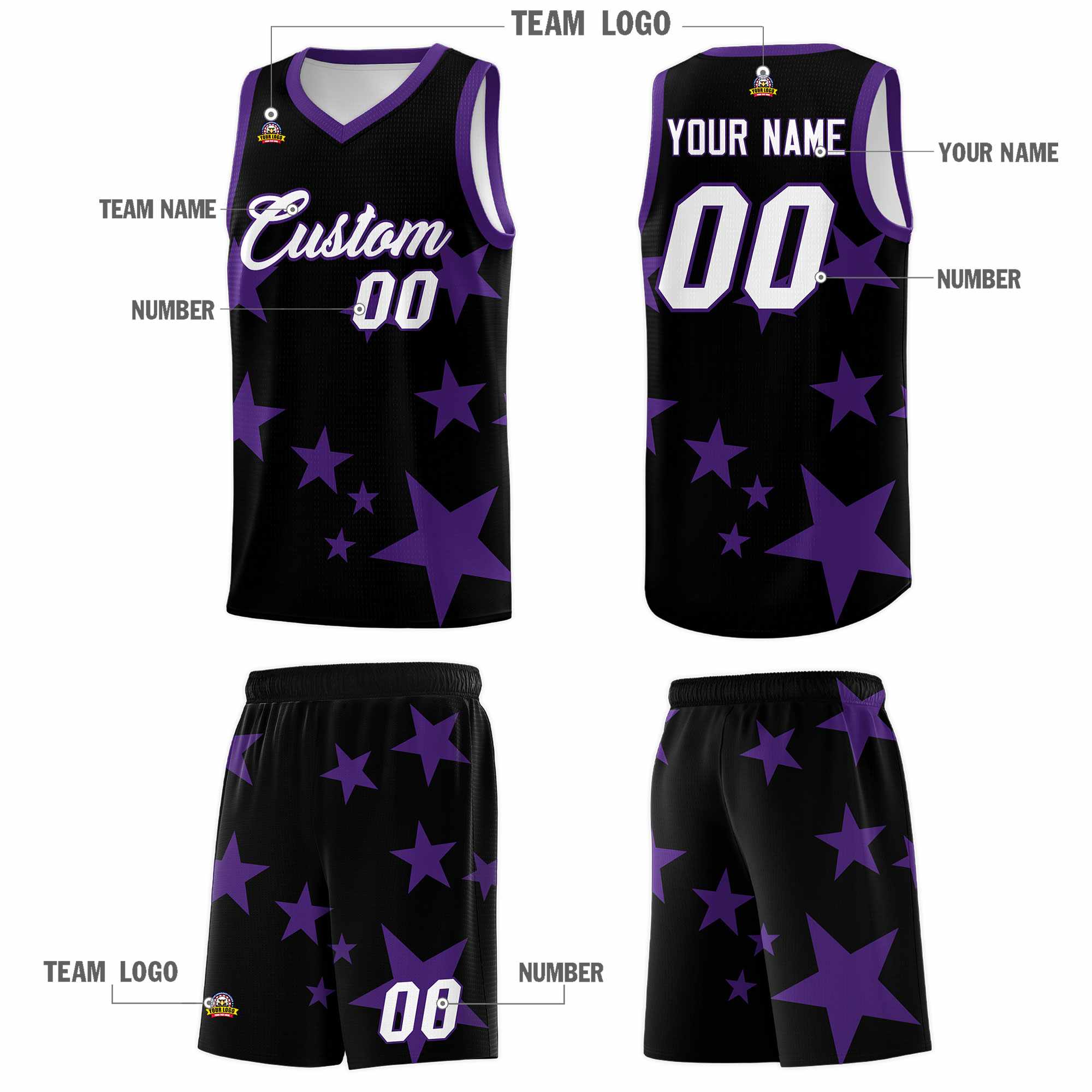 Custom Black Purple Graffiti Pattern Star Print Basketball Kits Sets