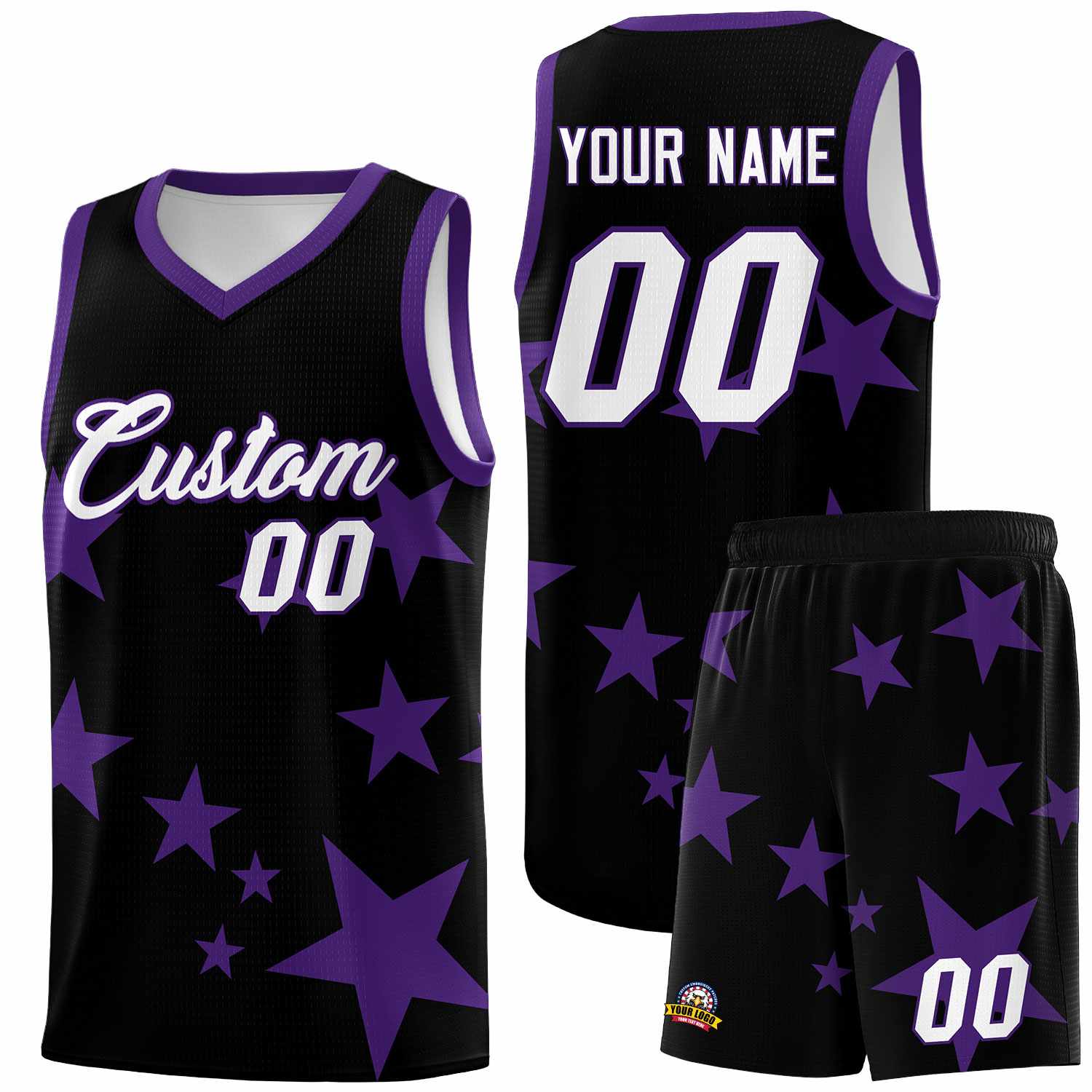 Custom Black Purple Graffiti Pattern Star Print Basketball Kits Sets