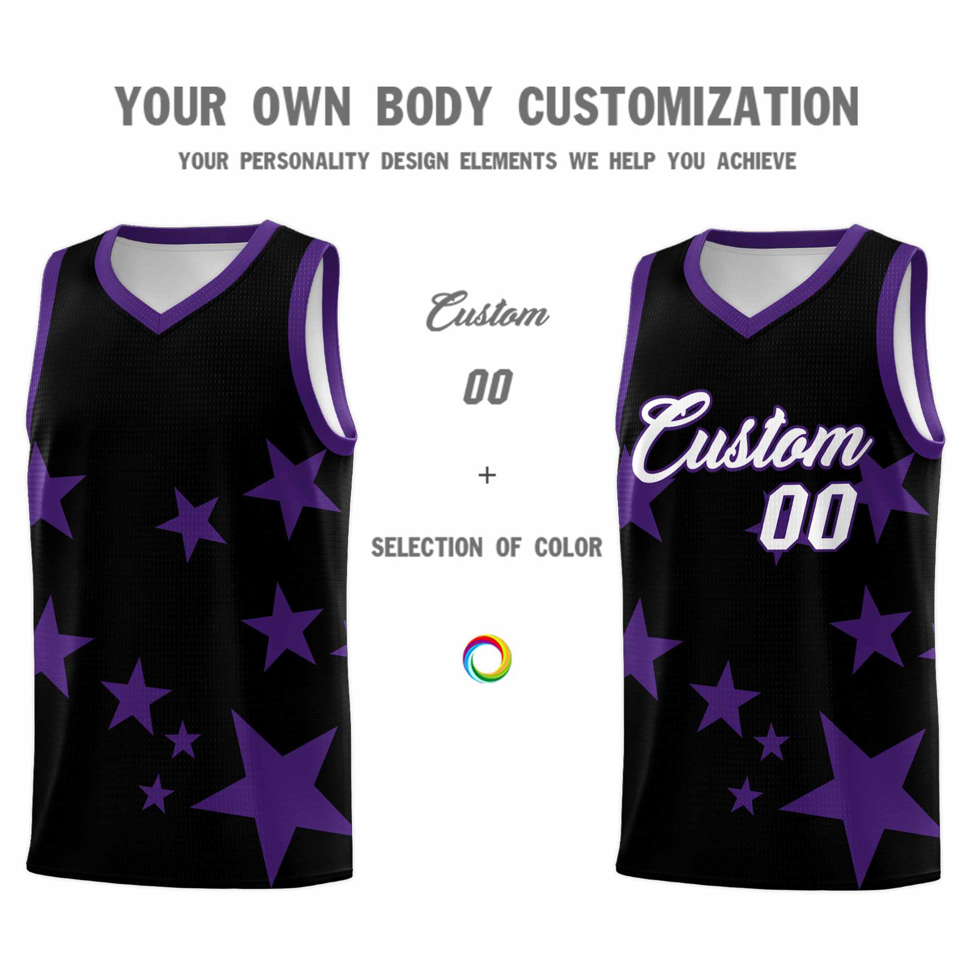 Custom Black Purple Graffiti Pattern Star Print Basketball Kits Sets