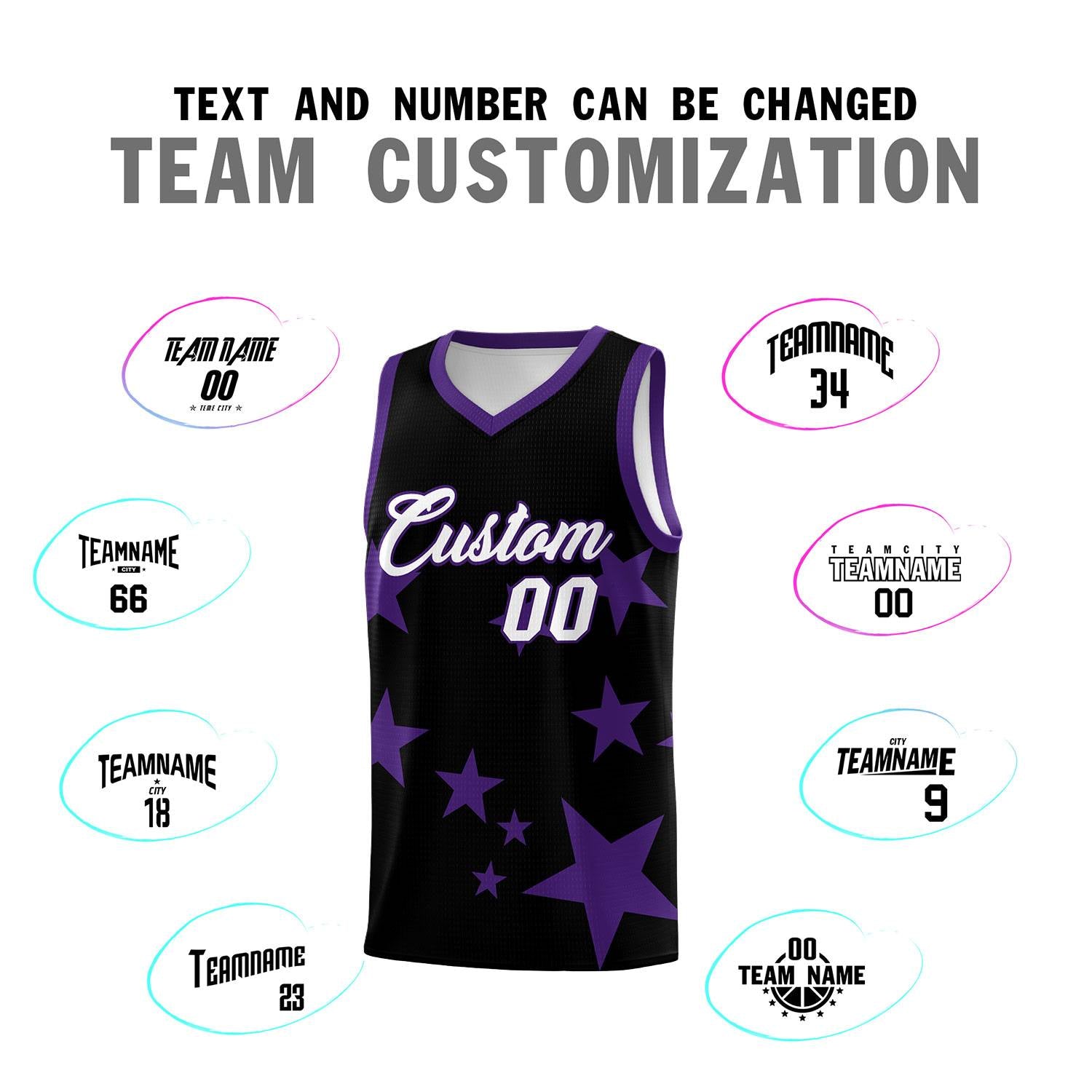 Custom Black Purple Graffiti Pattern Star Print Basketball Kits Sets