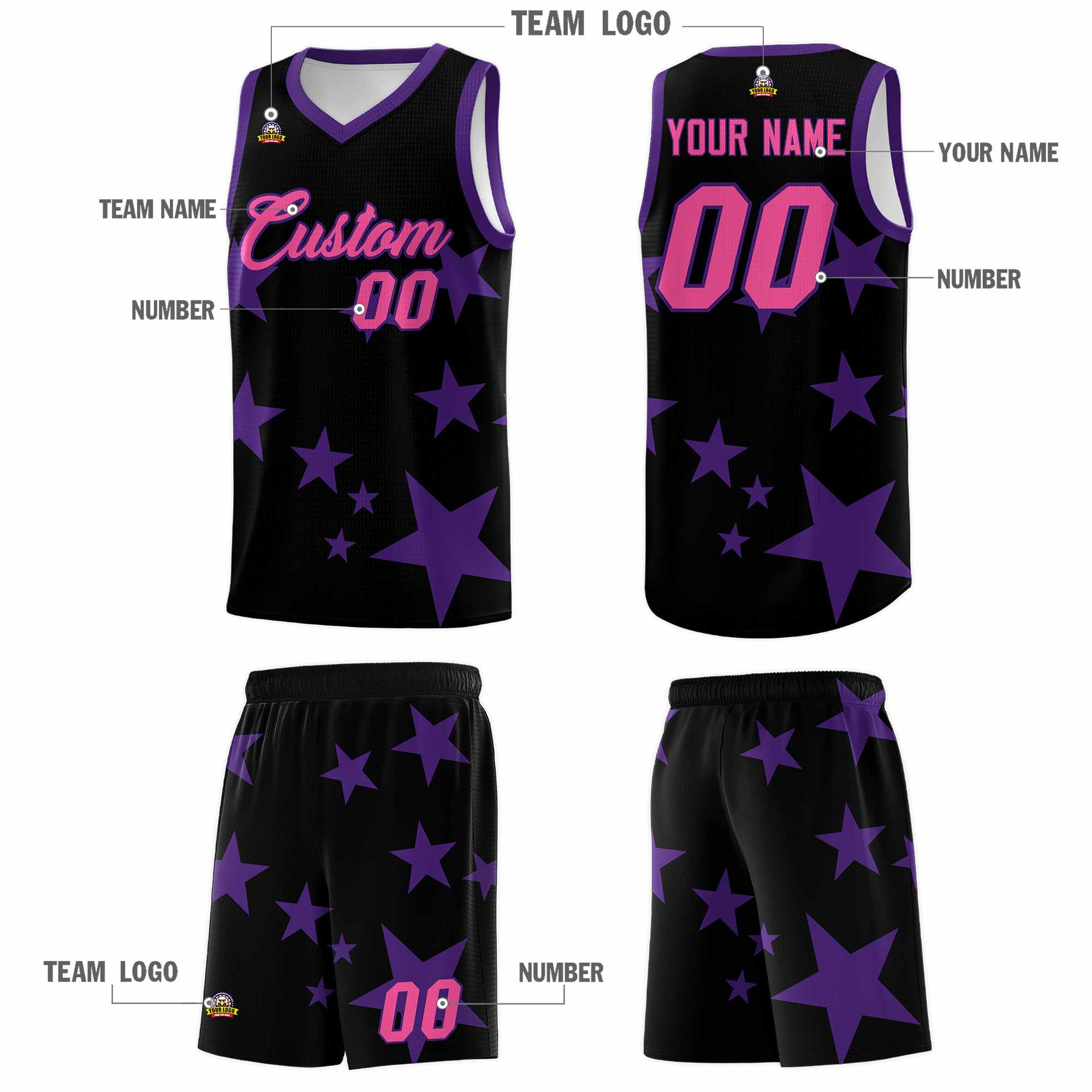 Custom Black Purple Graffiti Pattern Star Print Basketball Kits Sets