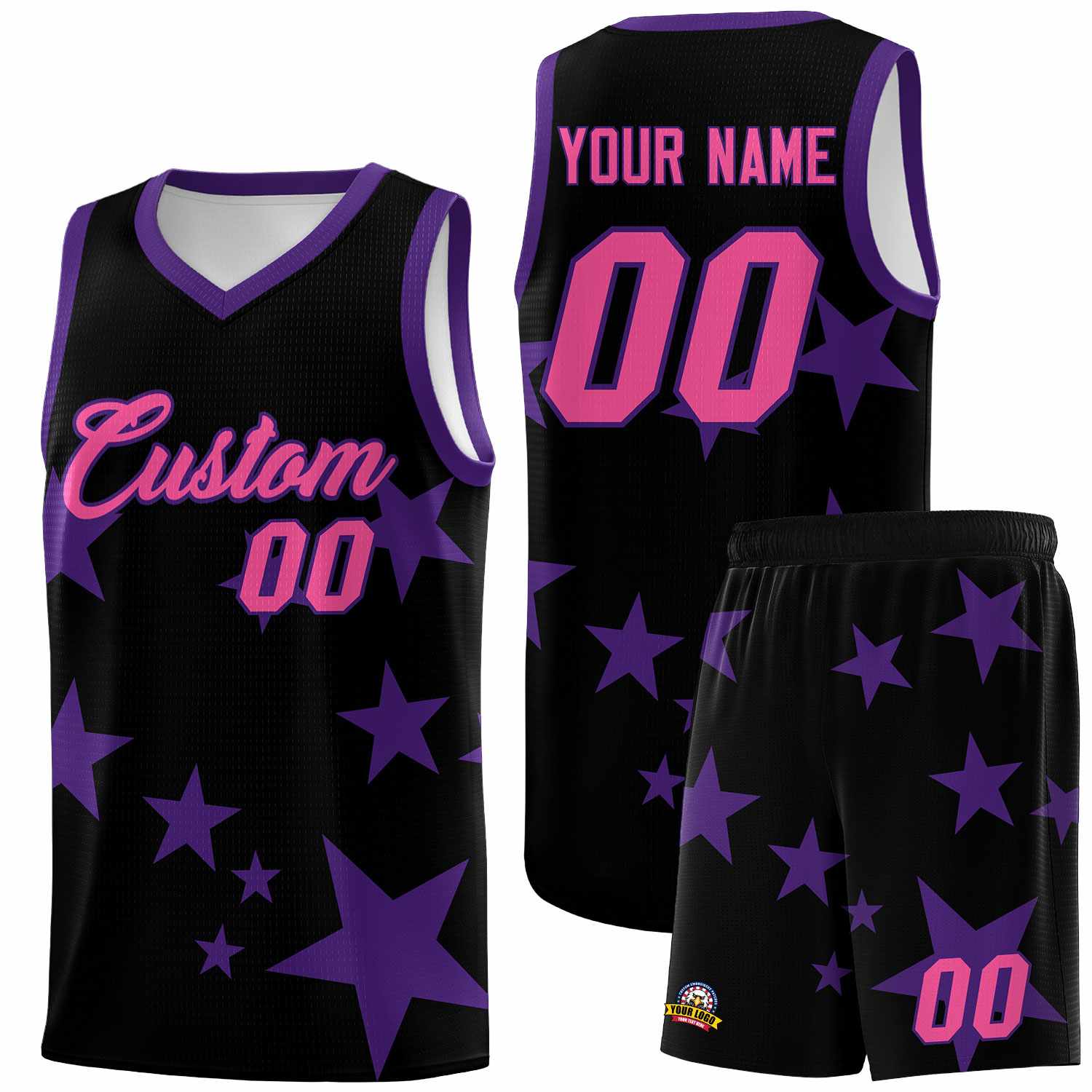Custom Black Purple Graffiti Pattern Star Print Basketball Kits Sets
