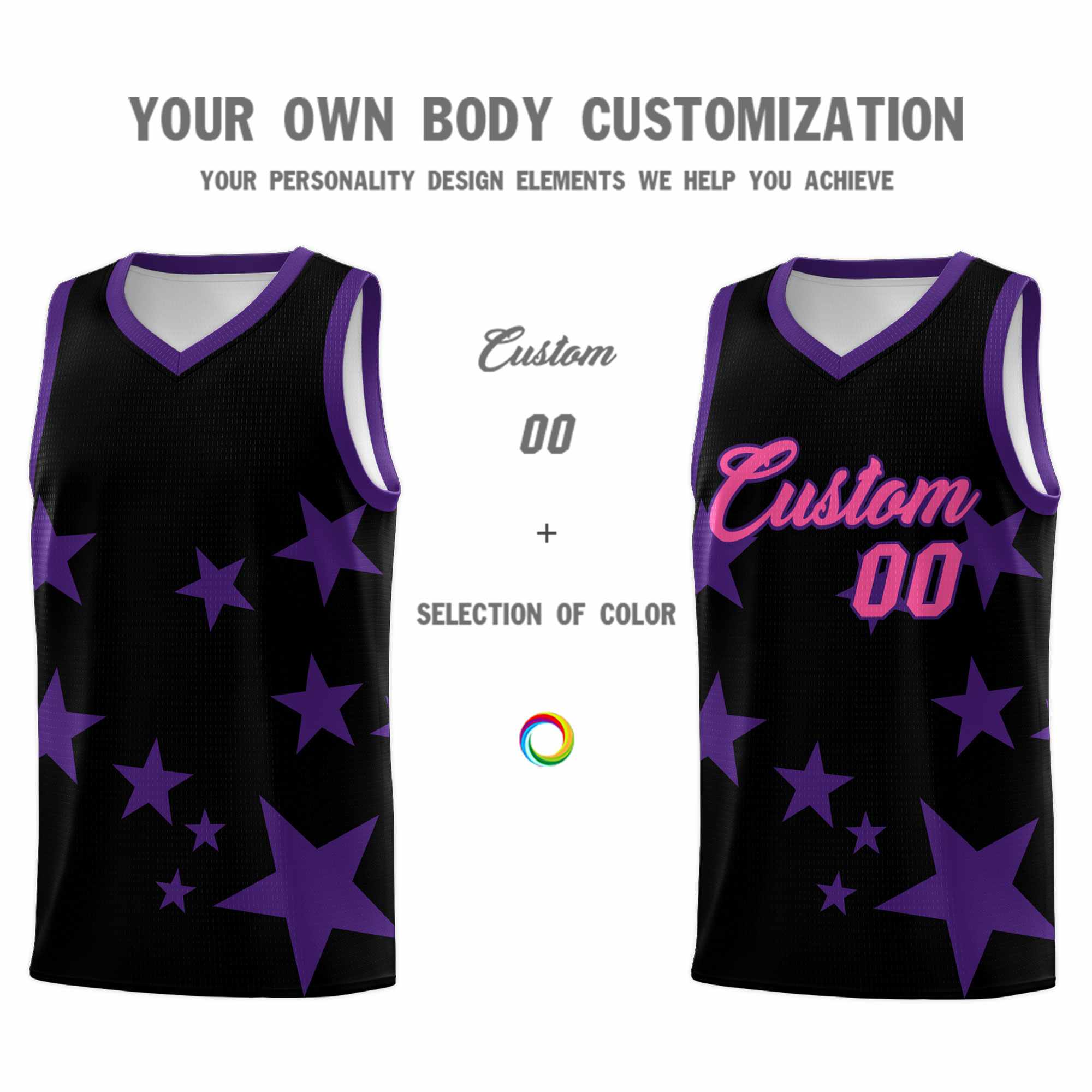 Custom Black Purple Graffiti Pattern Star Print Basketball Kits Sets