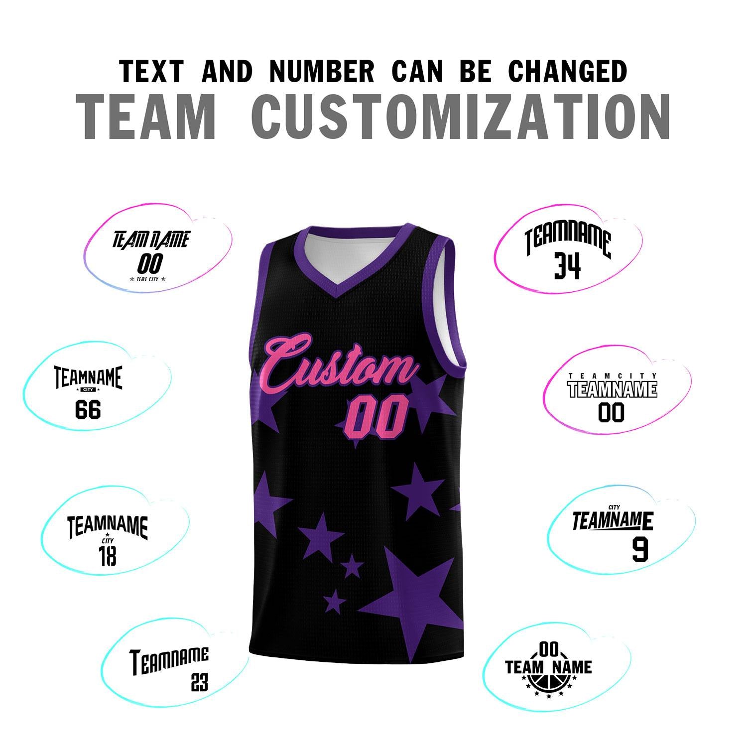 Custom Black Purple Graffiti Pattern Star Print Basketball Kits Sets