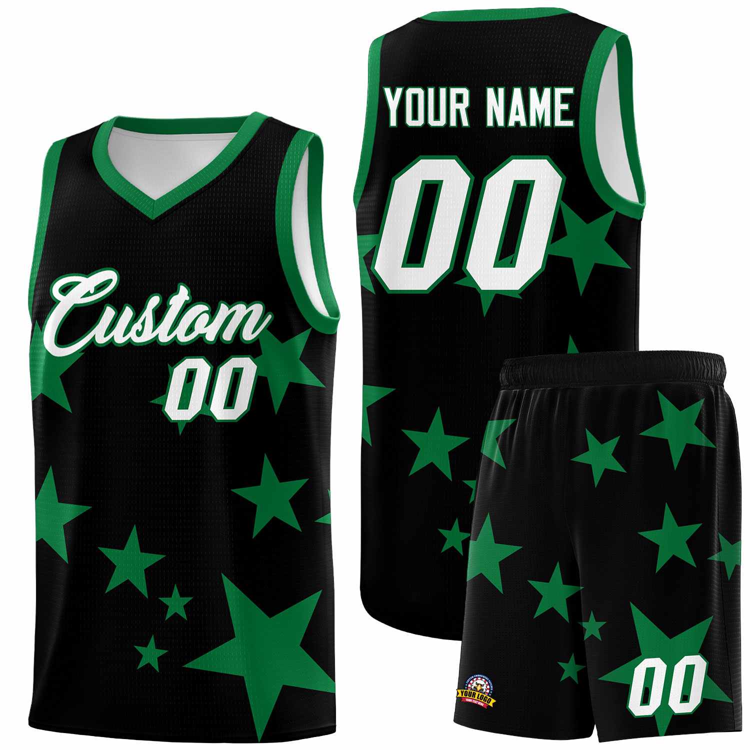 Custom Black Kelly Green Graffiti Pattern Star Print Basketball Kits Sets