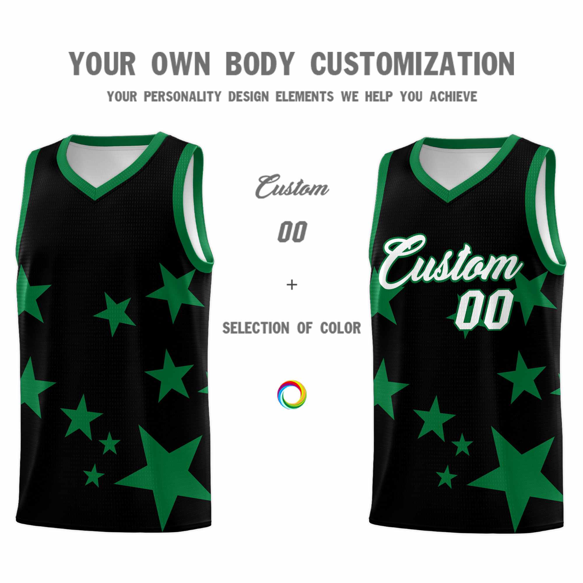 Custom Black Kelly Green Graffiti Pattern Star Print Basketball Kits Sets