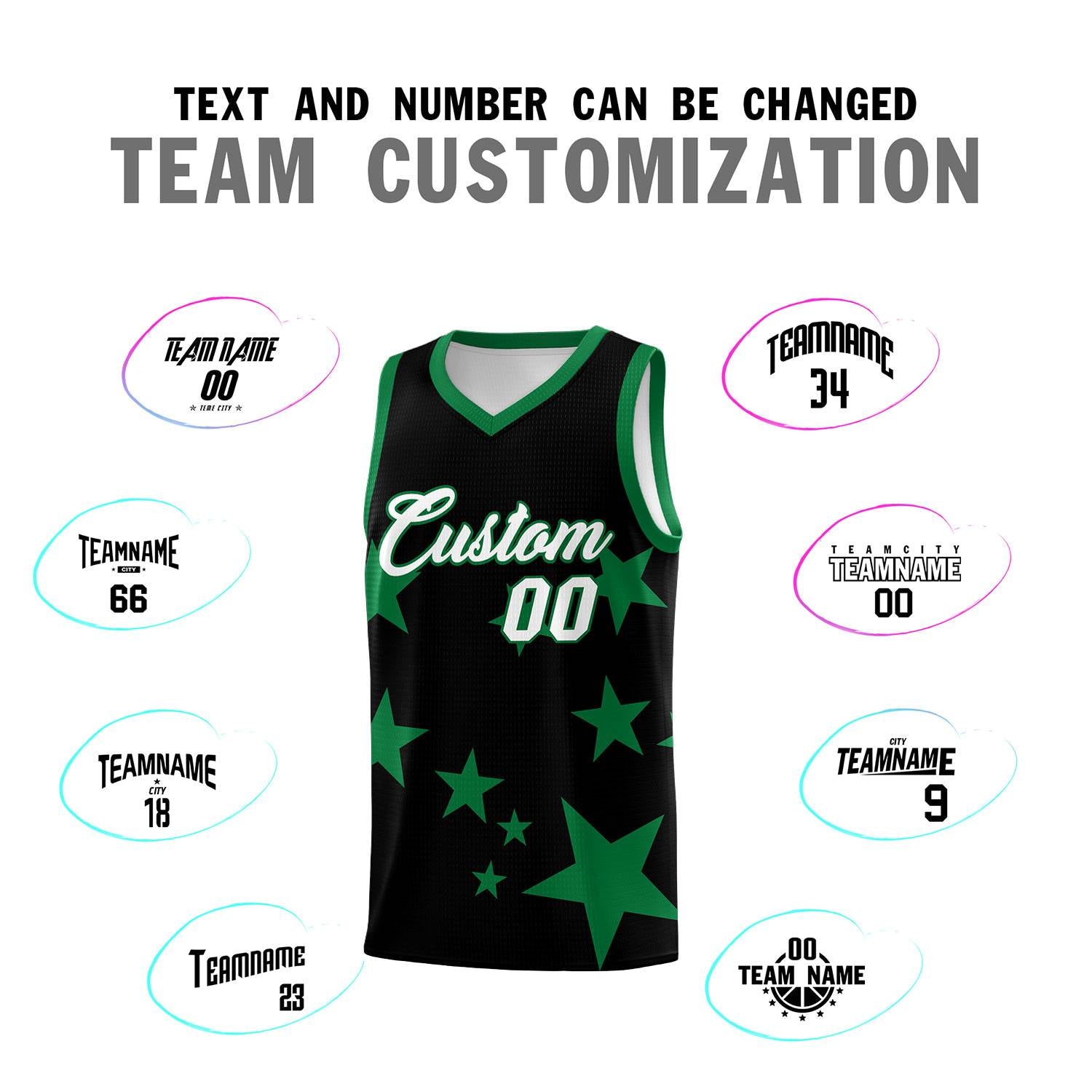 Custom Black Kelly Green Graffiti Pattern Star Print Basketball Kits Sets
