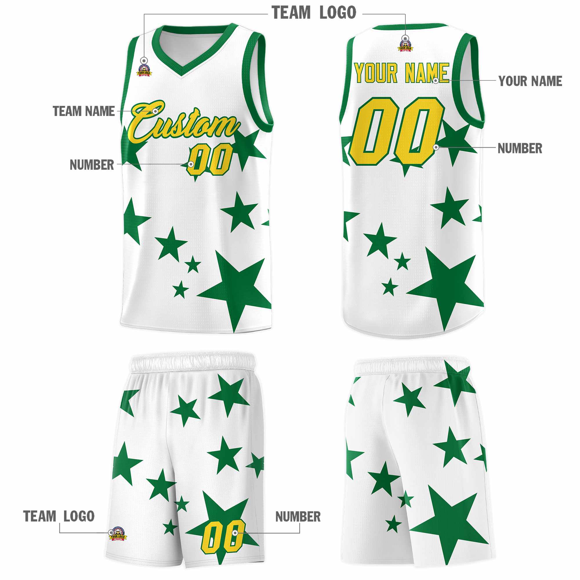Custom White Kelly Green Graffiti Pattern Star Print Basketball Kits Sets