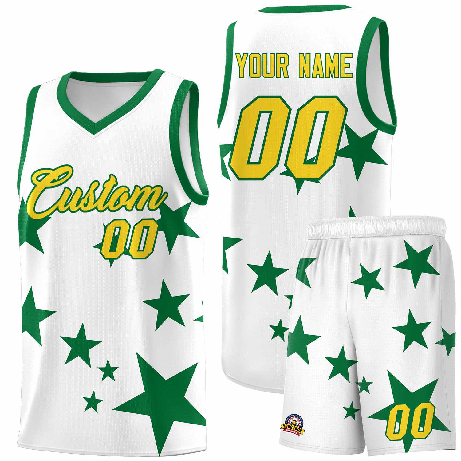 Custom White Kelly Green Graffiti Pattern Star Print Basketball Kits Sets