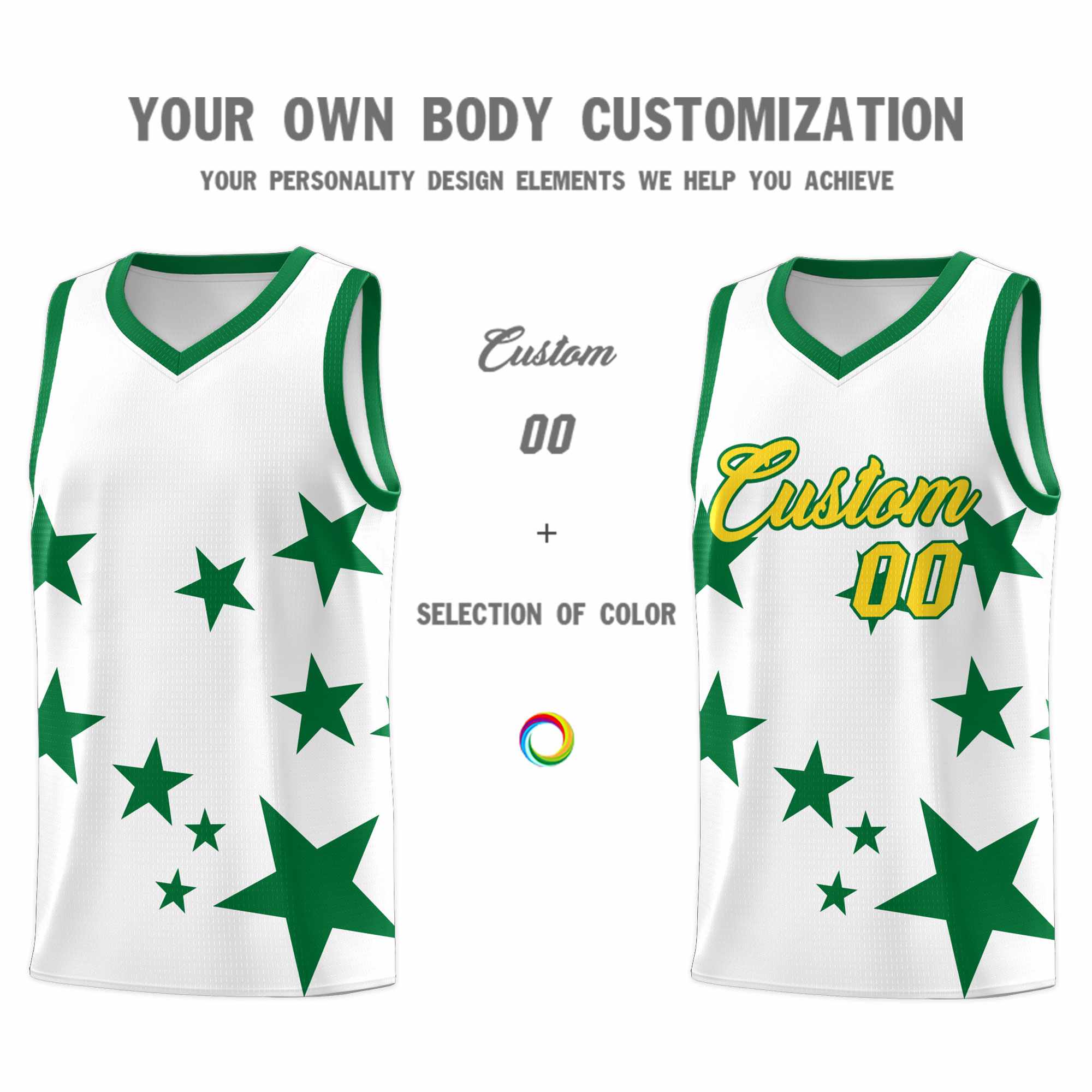 Custom White Kelly Green Graffiti Pattern Star Print Basketball Kits Sets