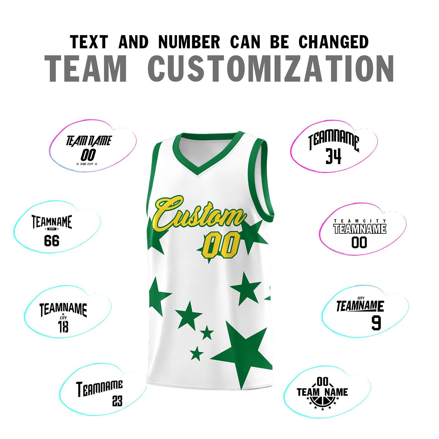 Custom White Kelly Green Graffiti Pattern Star Print Basketball Kits Sets