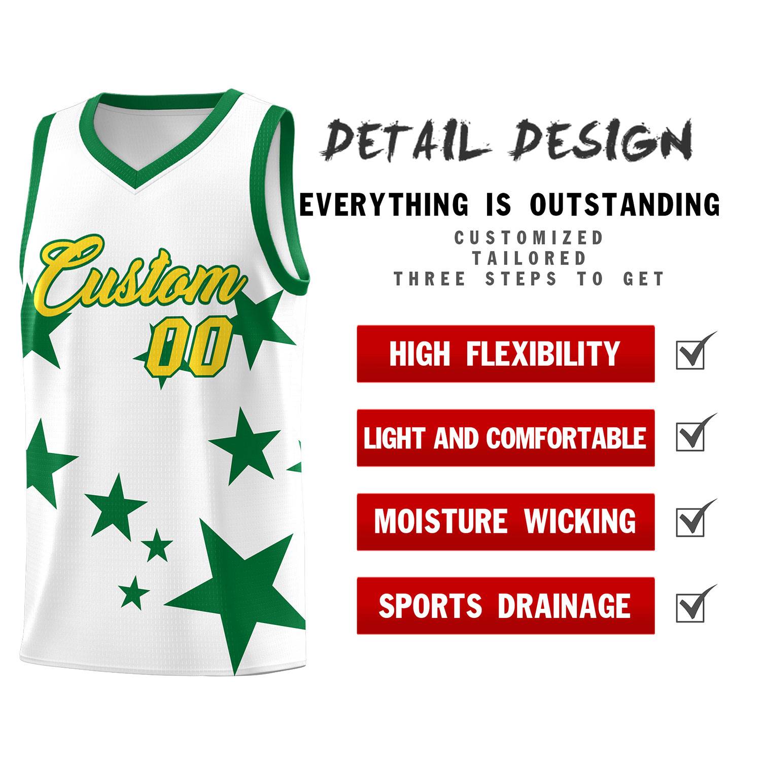 Custom White Kelly Green Graffiti Pattern Star Print Basketball Kits Sets