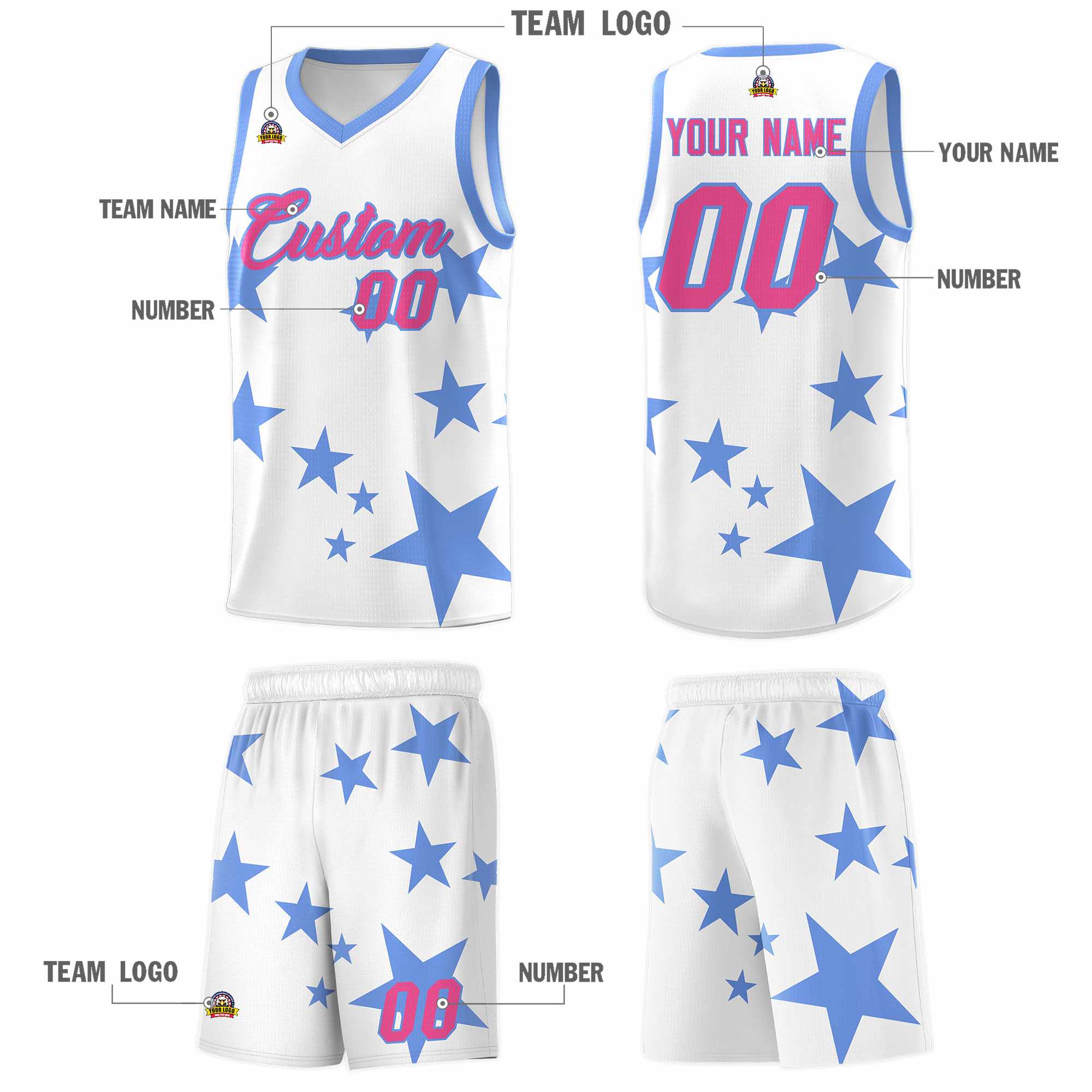 Custom White Light Blue Graffiti Pattern Star Print Basketball Kits Sets