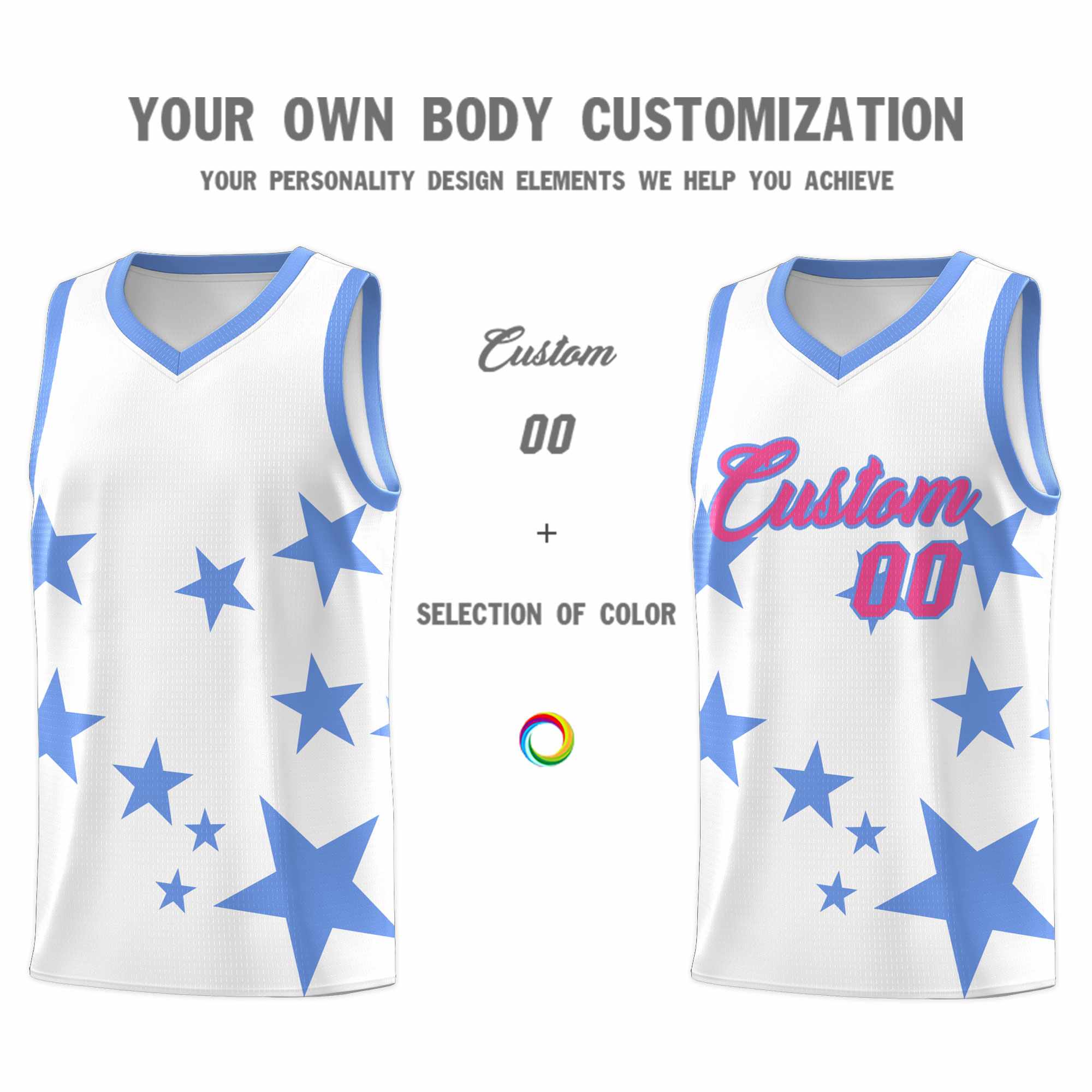 Custom White Light Blue Graffiti Pattern Star Print Basketball Kits Sets