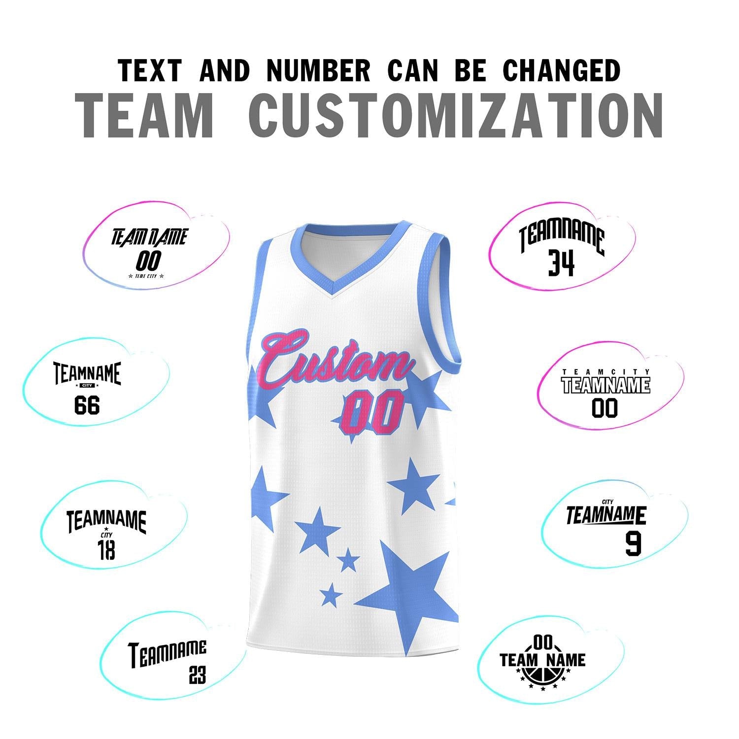 Custom White Light Blue Graffiti Pattern Star Print Basketball Kits Sets
