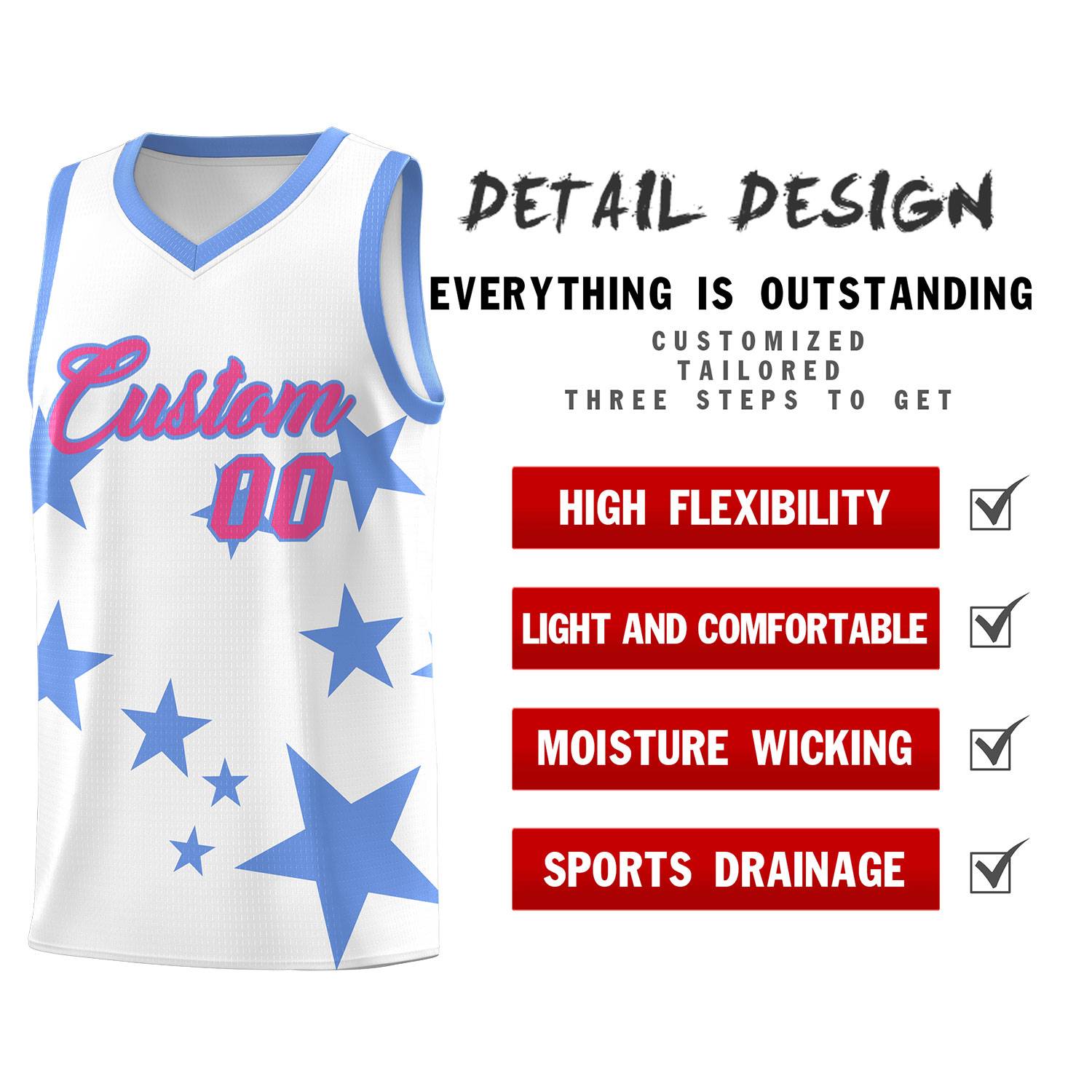 Custom White Light Blue Graffiti Pattern Star Print Basketball Kits Sets