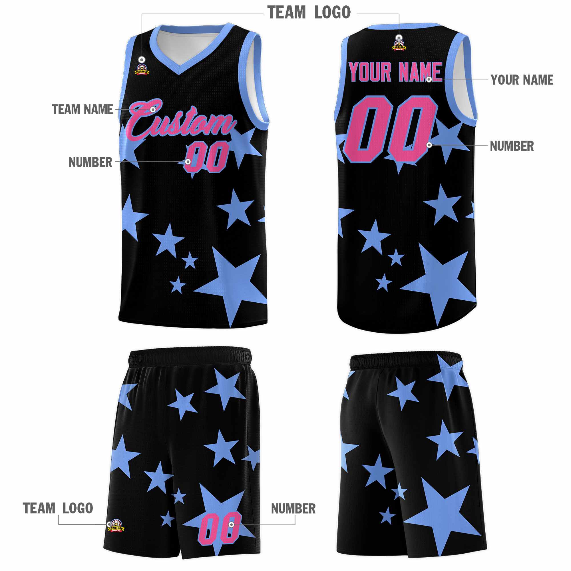 Custom Black Light Blue Graffiti Pattern Star Print Basketball Kits Sets