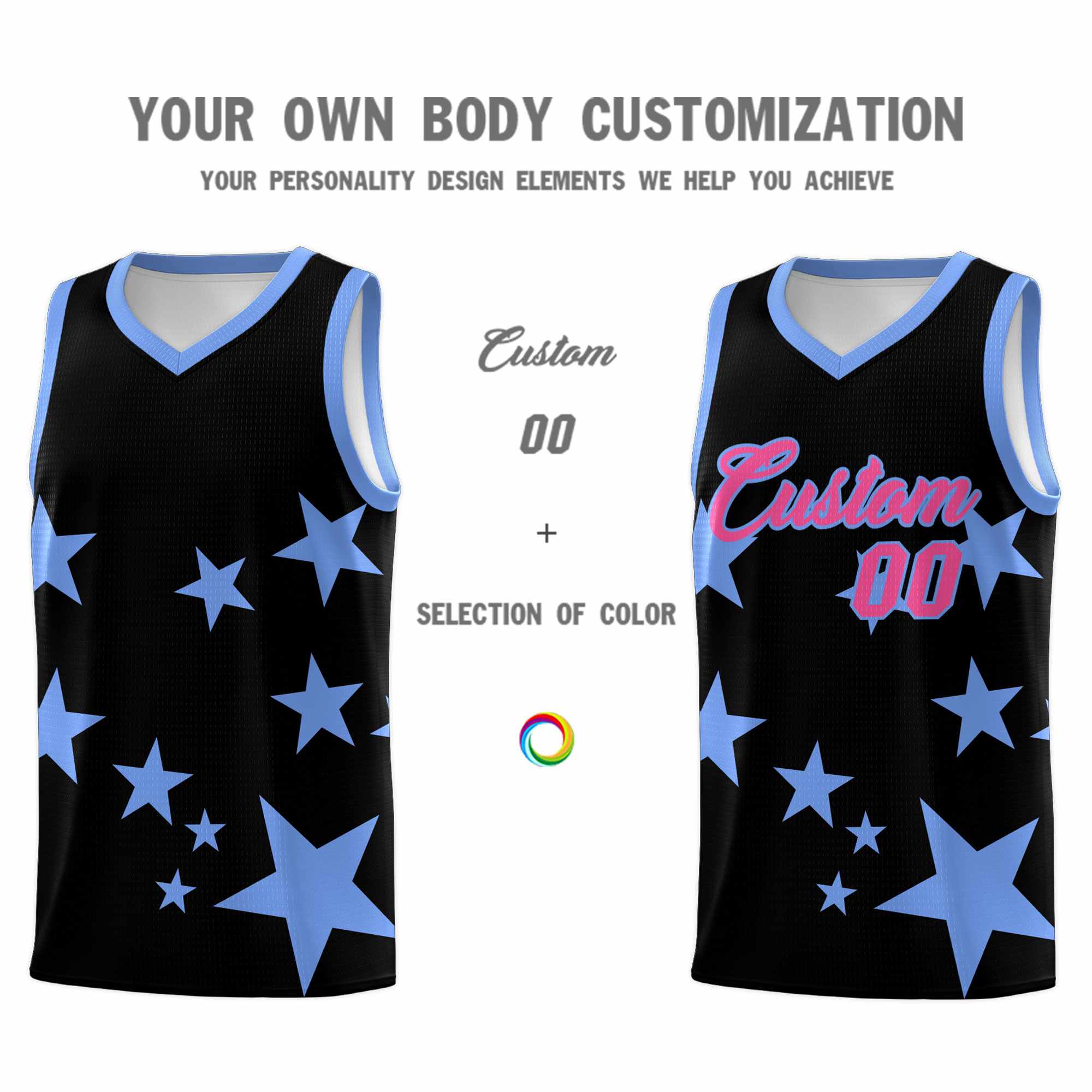 Custom Black Light Blue Graffiti Pattern Star Print Basketball Kits Sets