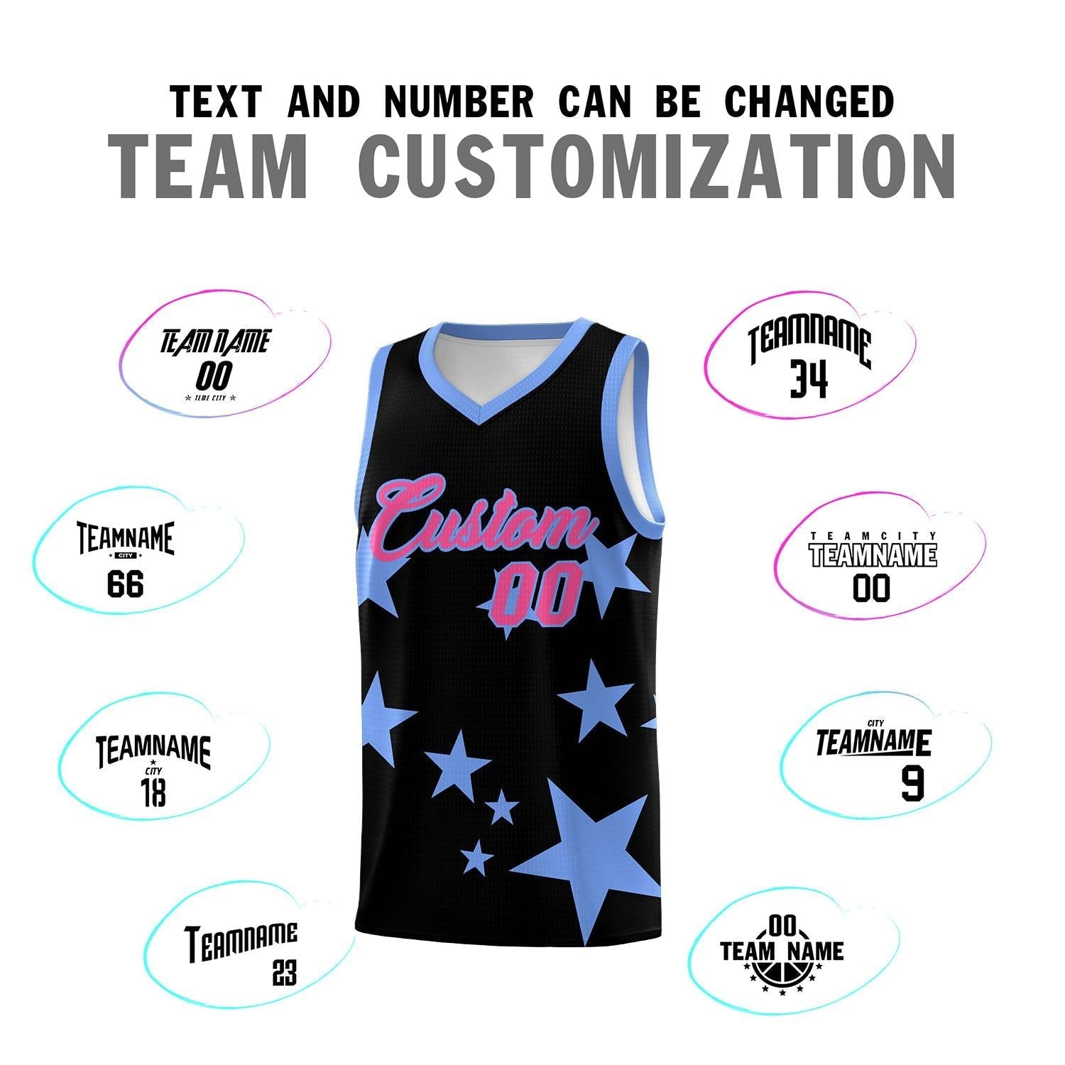 Custom Black Light Blue Graffiti Pattern Star Print Basketball Kits Sets