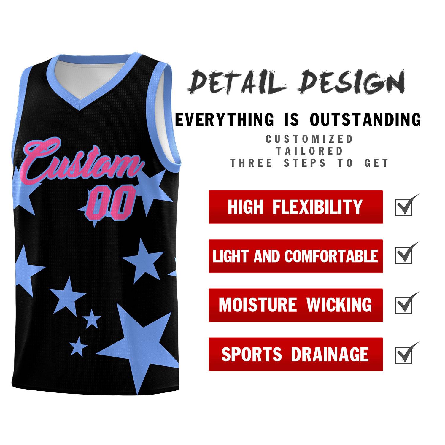 Custom Black Light Blue Graffiti Pattern Star Print Basketball Kits Sets