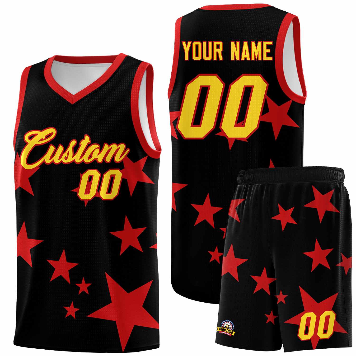 Custom Black Red Graffiti Pattern Star Print Basketball Kits Sets