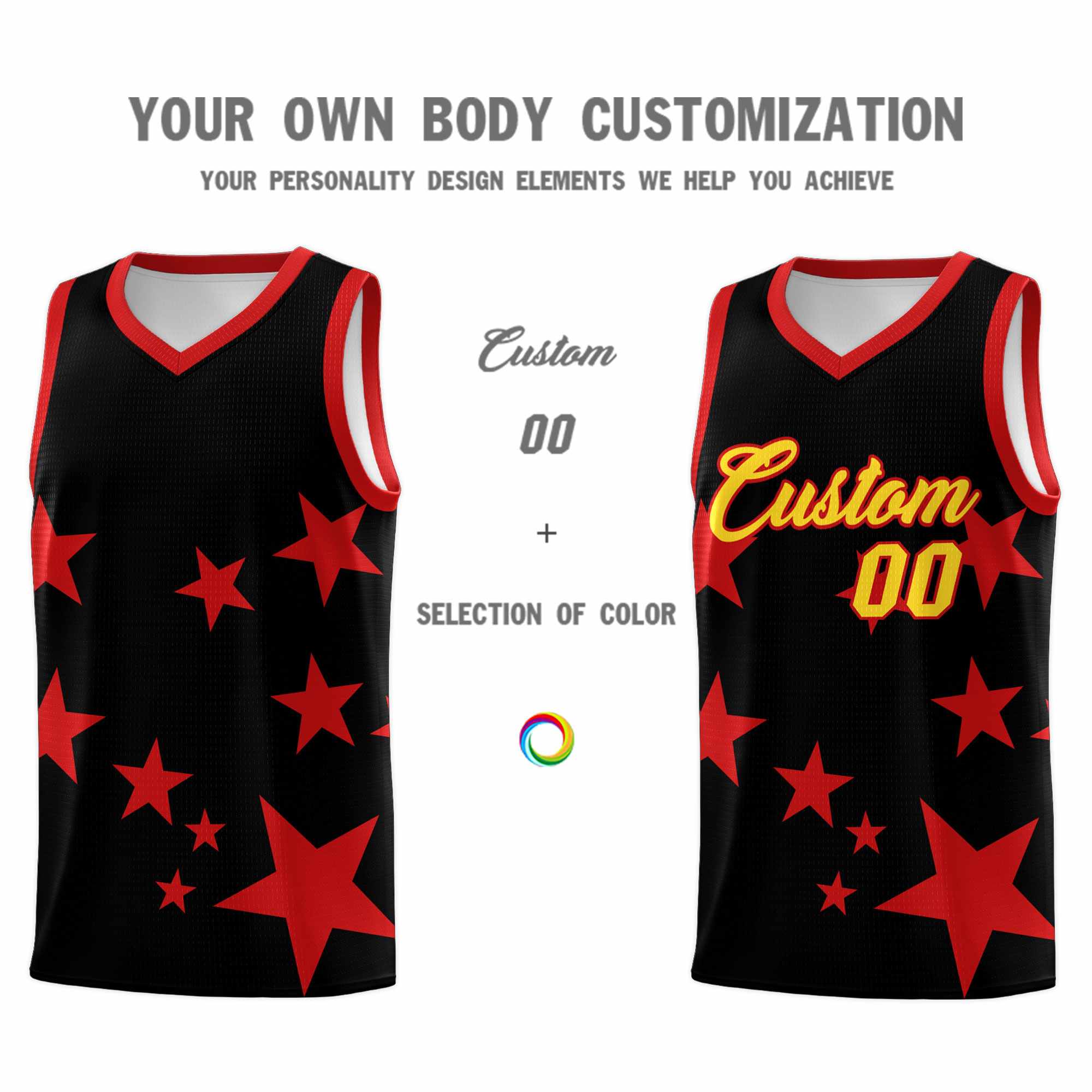 Custom Black Red Graffiti Pattern Star Print Basketball Kits Sets