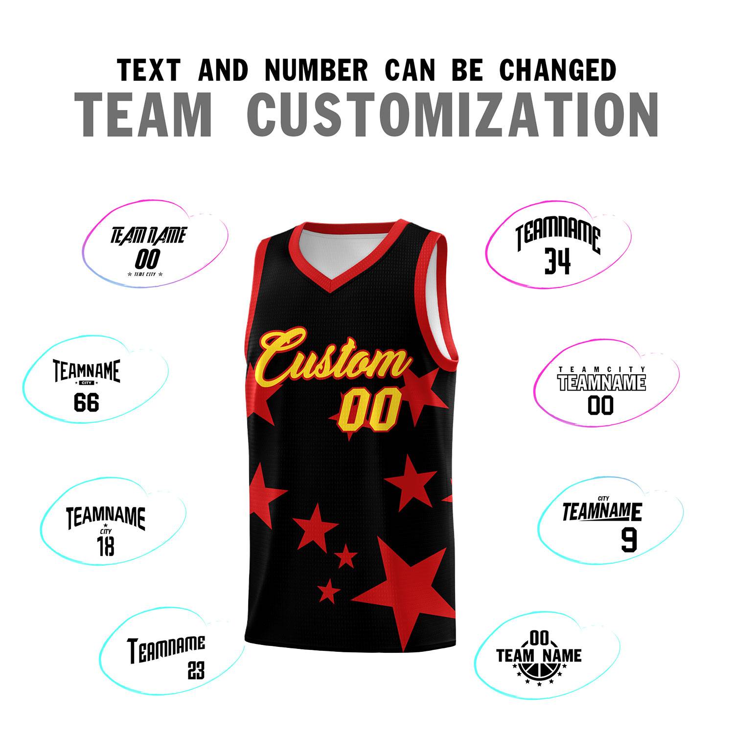 Custom Black Red Graffiti Pattern Star Print Basketball Kits Sets