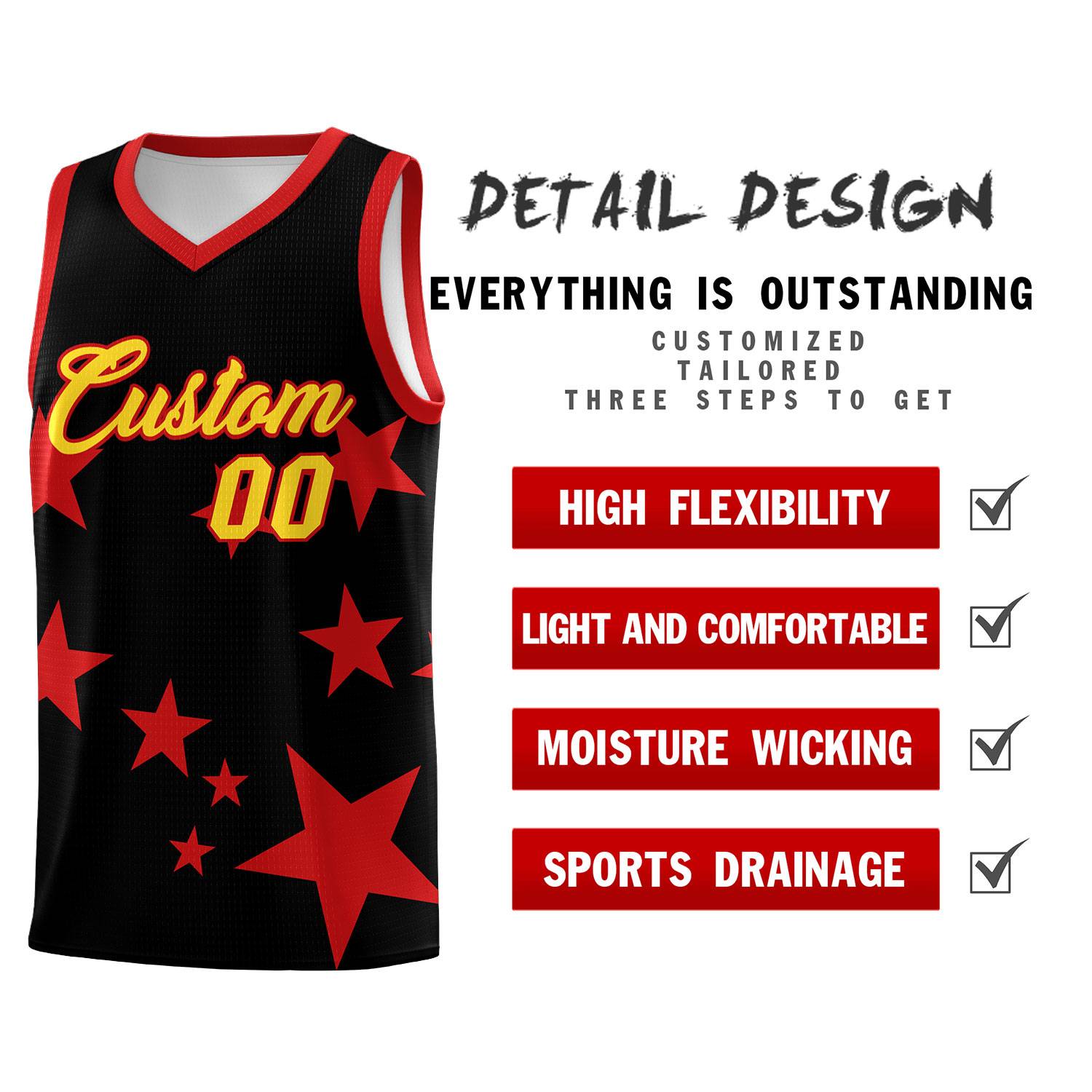 Custom Black Red Graffiti Pattern Star Print Basketball Kits Sets