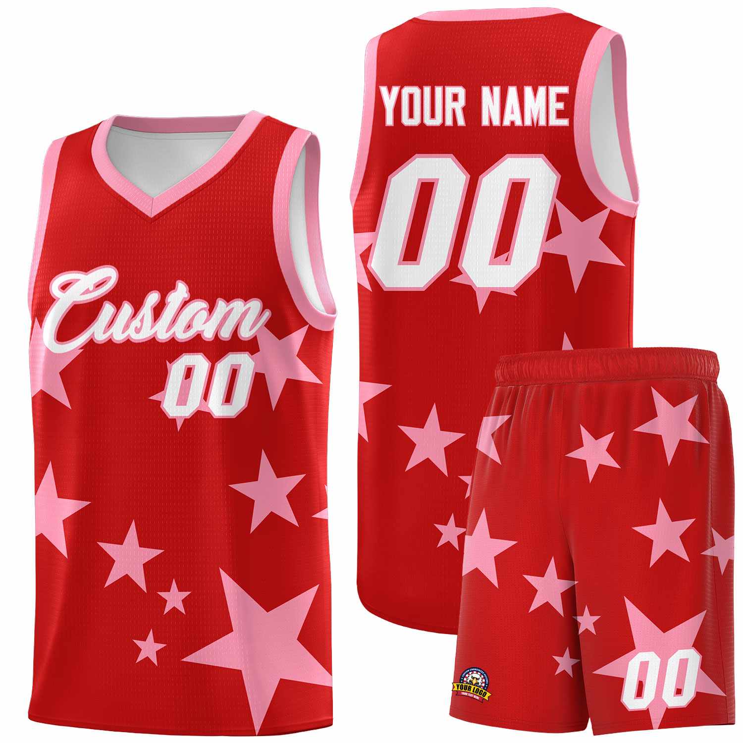 Custom Red Light Pink Graffiti Pattern Star Print Basketball Kits Sets