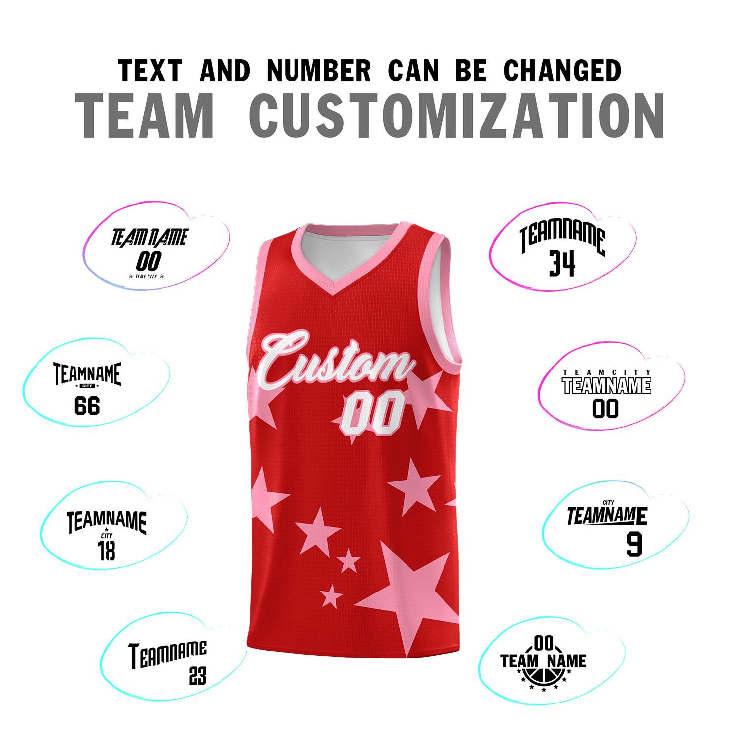 Custom Red Light Pink Graffiti Pattern Star Print Basketball Kits Sets