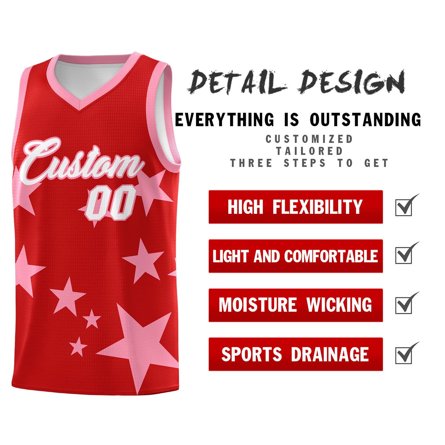 Custom Red Light Pink Graffiti Pattern Star Print Basketball Kits Sets