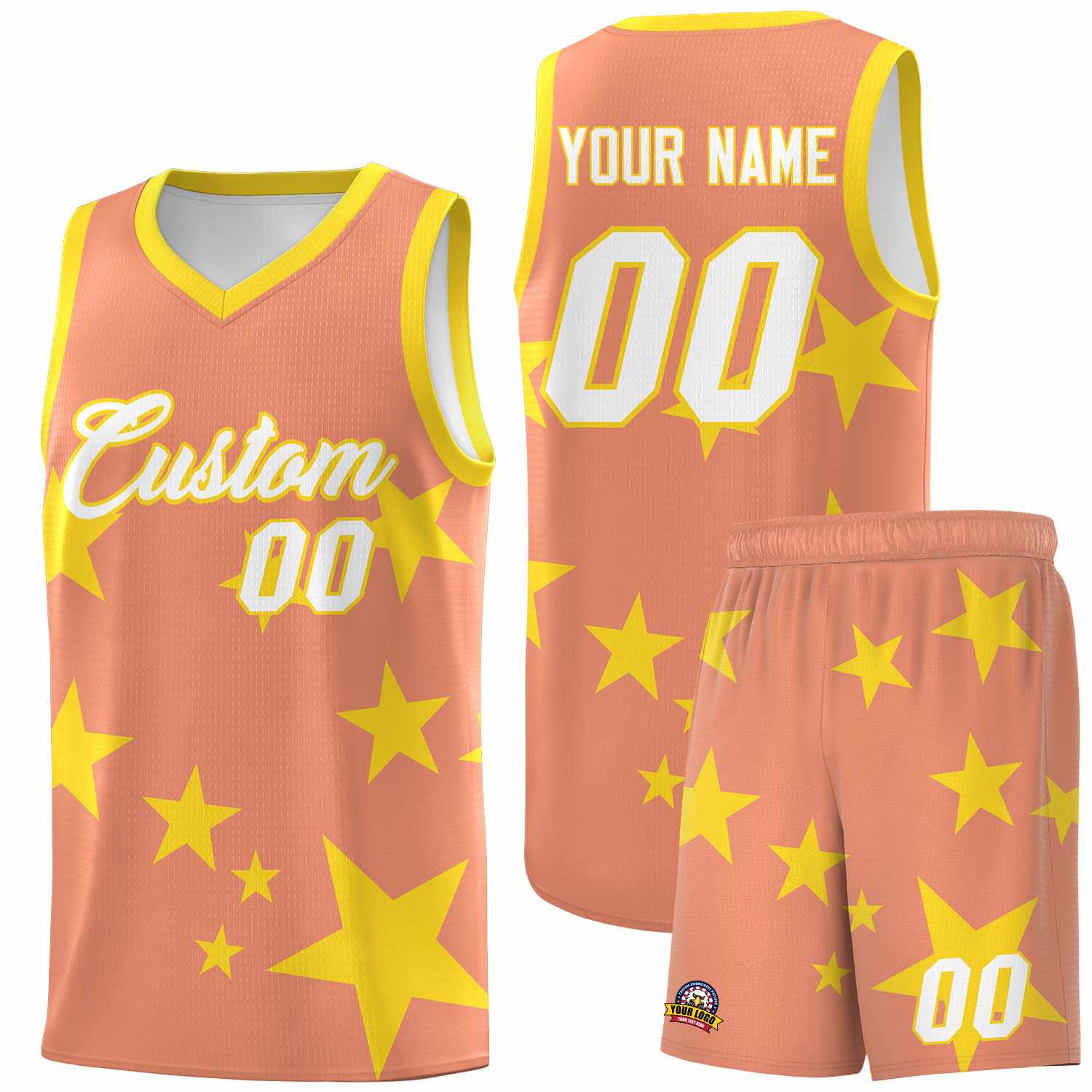 Custom Light Orange Gold Graffiti Pattern Star Print Basketball Kits Sets
