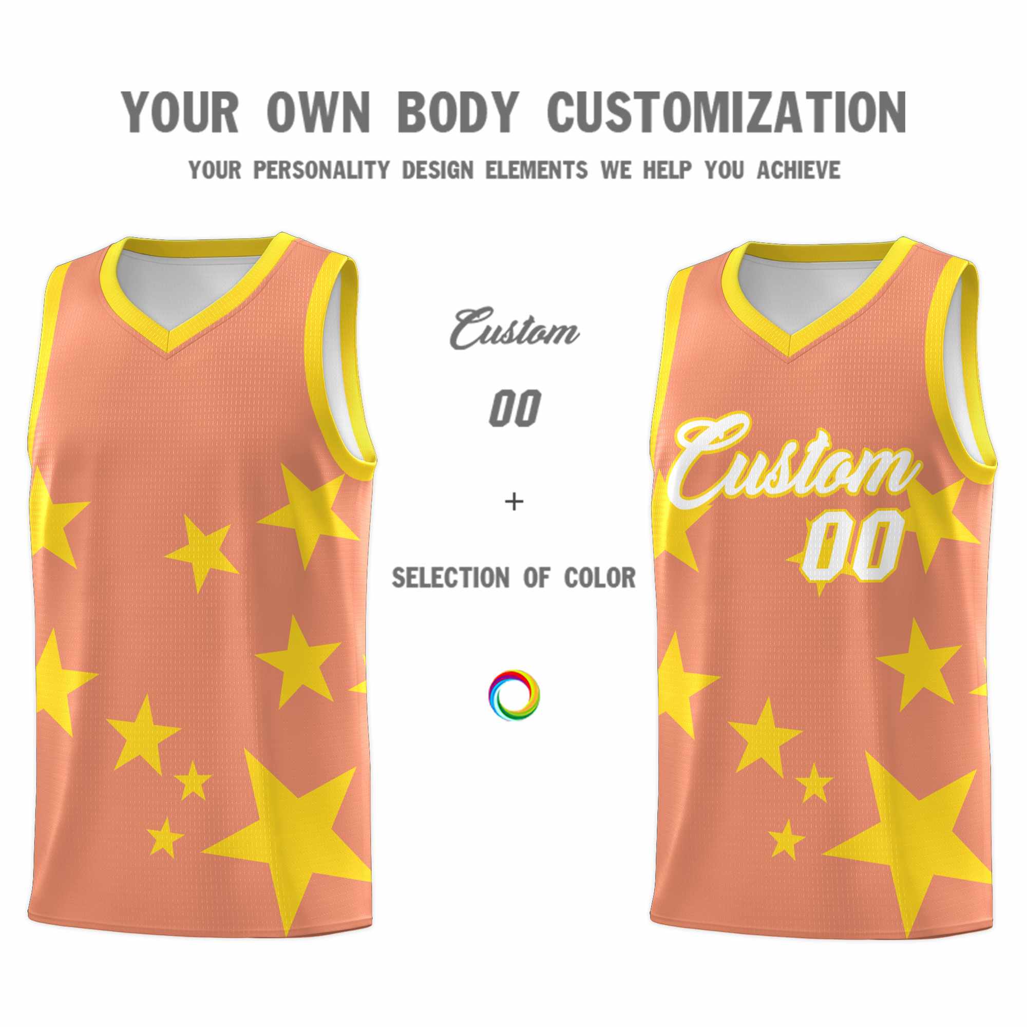 Custom Light Orange Gold Graffiti Pattern Star Print Basketball Kits Sets