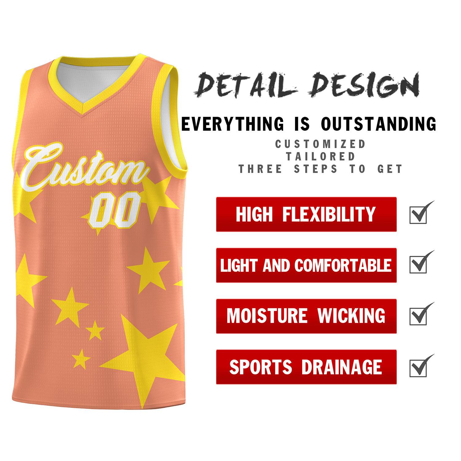 Custom Light Orange Gold Graffiti Pattern Star Print Basketball Kits Sets