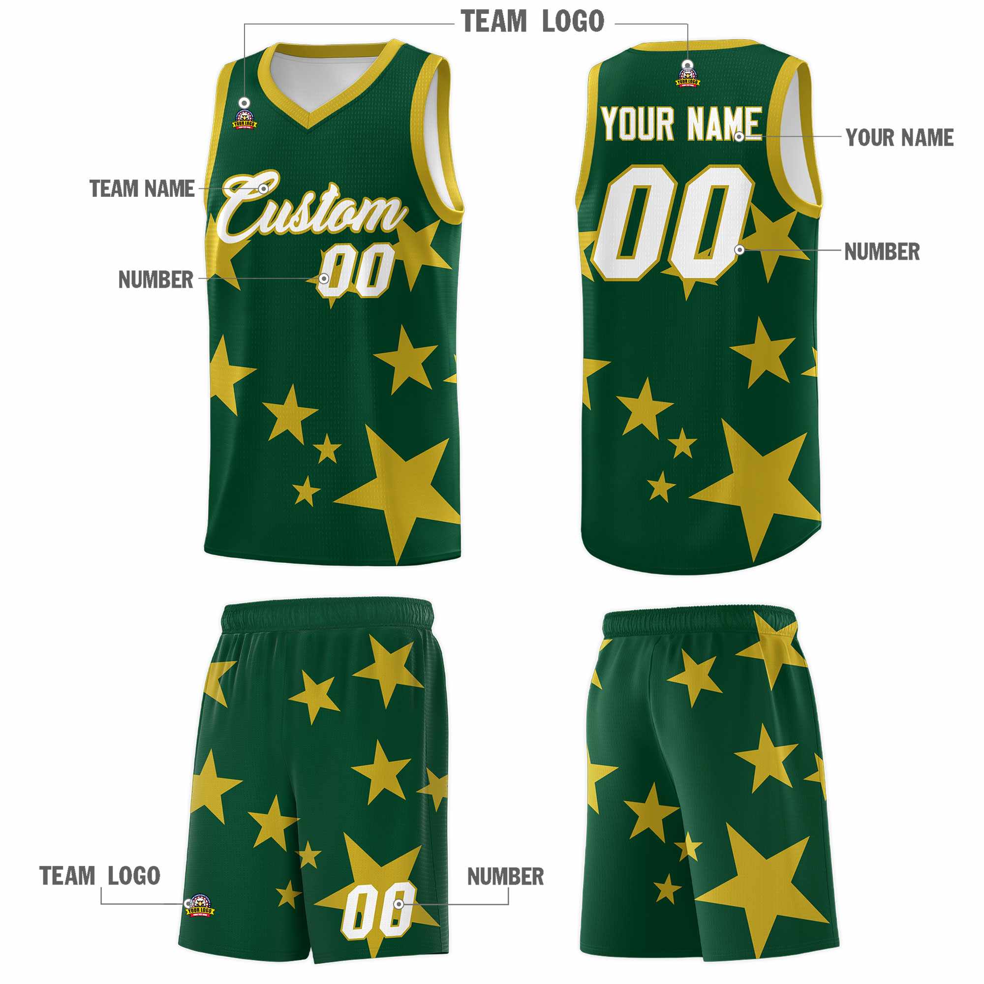 Custom Green Old Gold Graffiti Pattern Star Print Basketball Kits Sets
