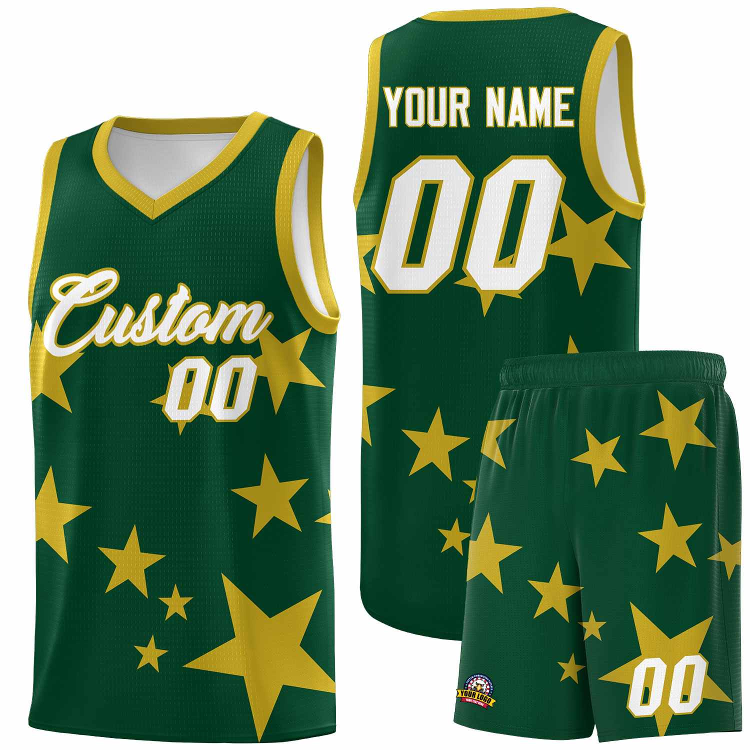 Custom Green Old Gold Graffiti Pattern Star Print Basketball Kits Sets