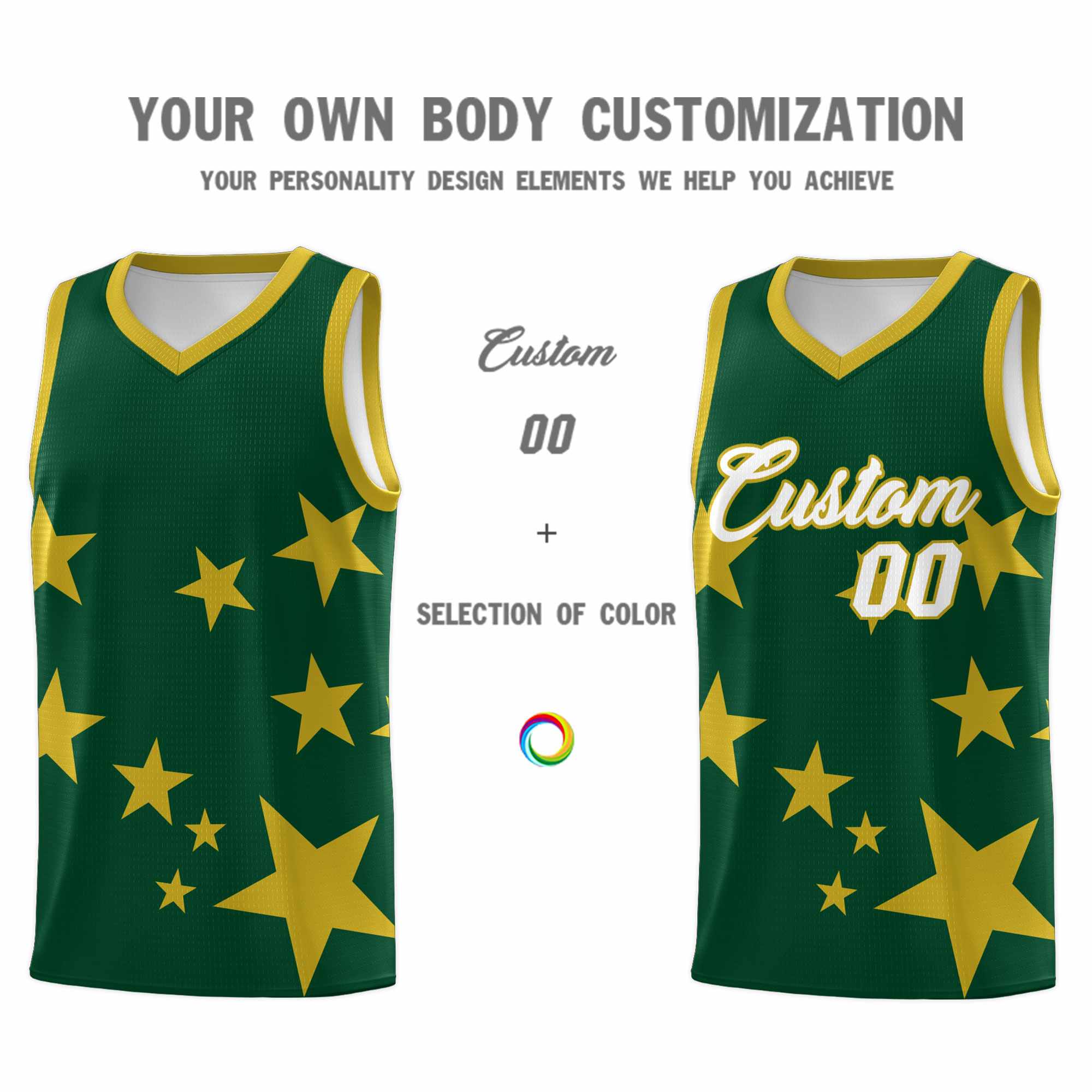 Custom Green Old Gold Graffiti Pattern Star Print Basketball Kits Sets