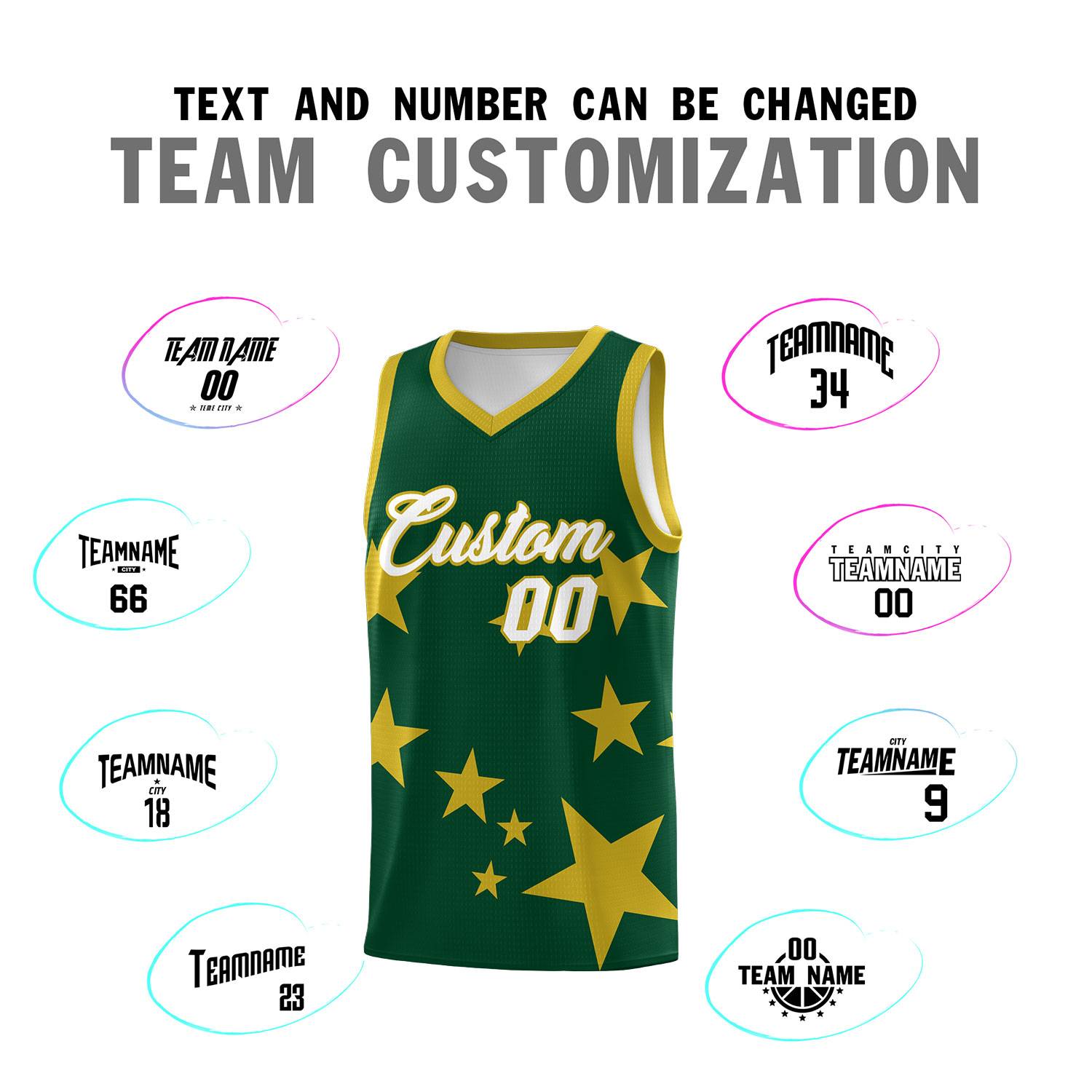 Custom Green Old Gold Graffiti Pattern Star Print Basketball Kits Sets