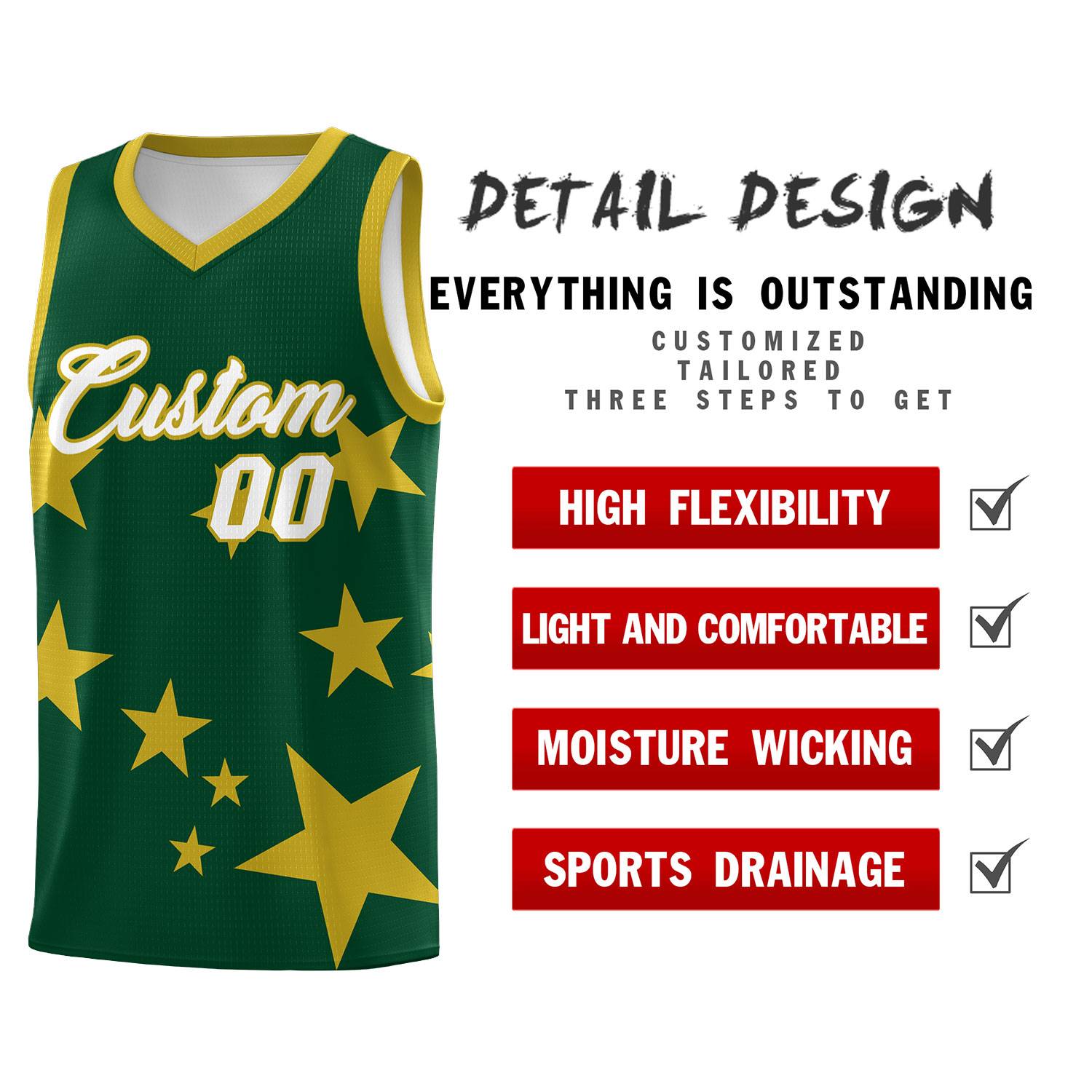 Custom Green Old Gold Graffiti Pattern Star Print Basketball Kits Sets