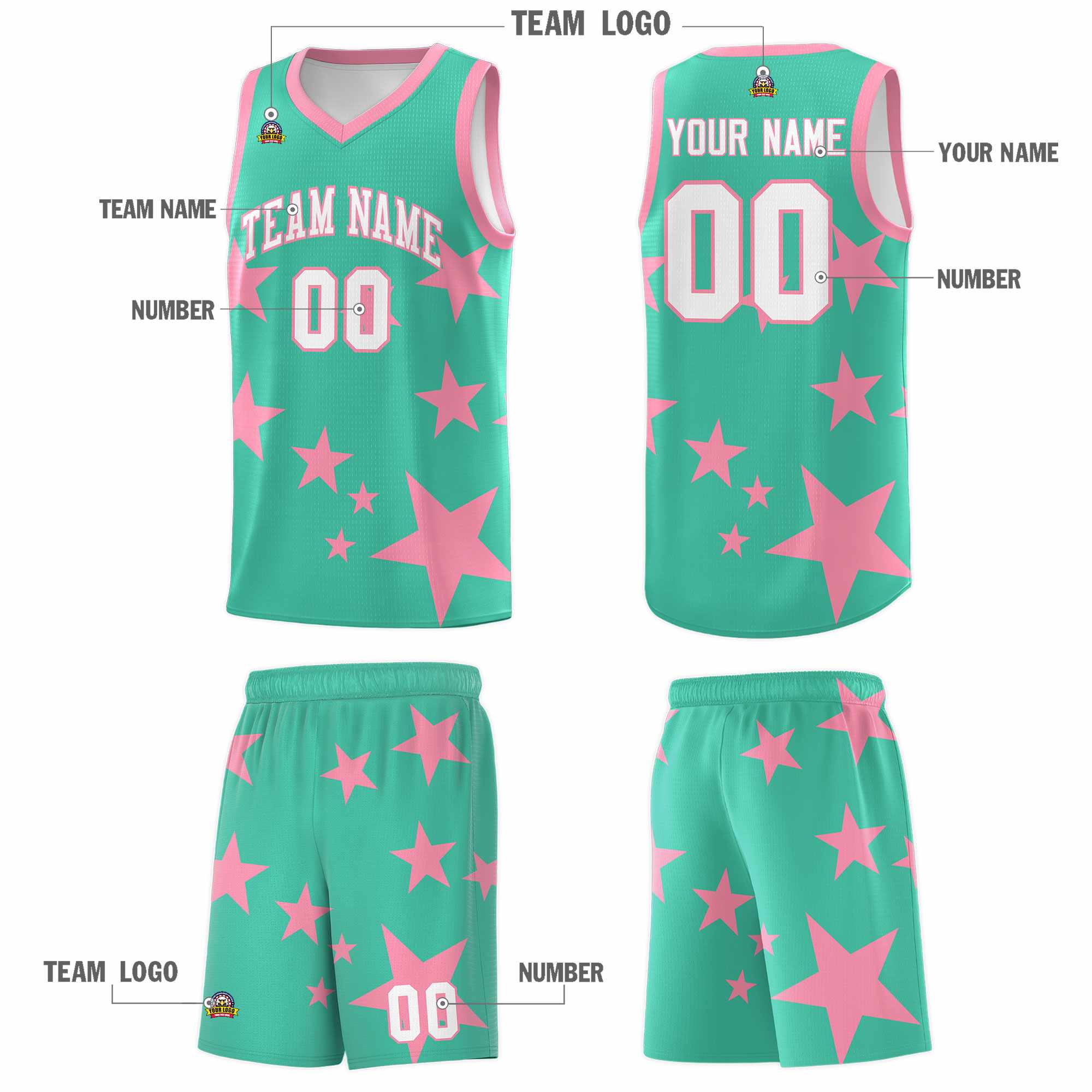 Custom Bright Green Light Pink Graffiti Pattern Star Print Basketball Kits Sets